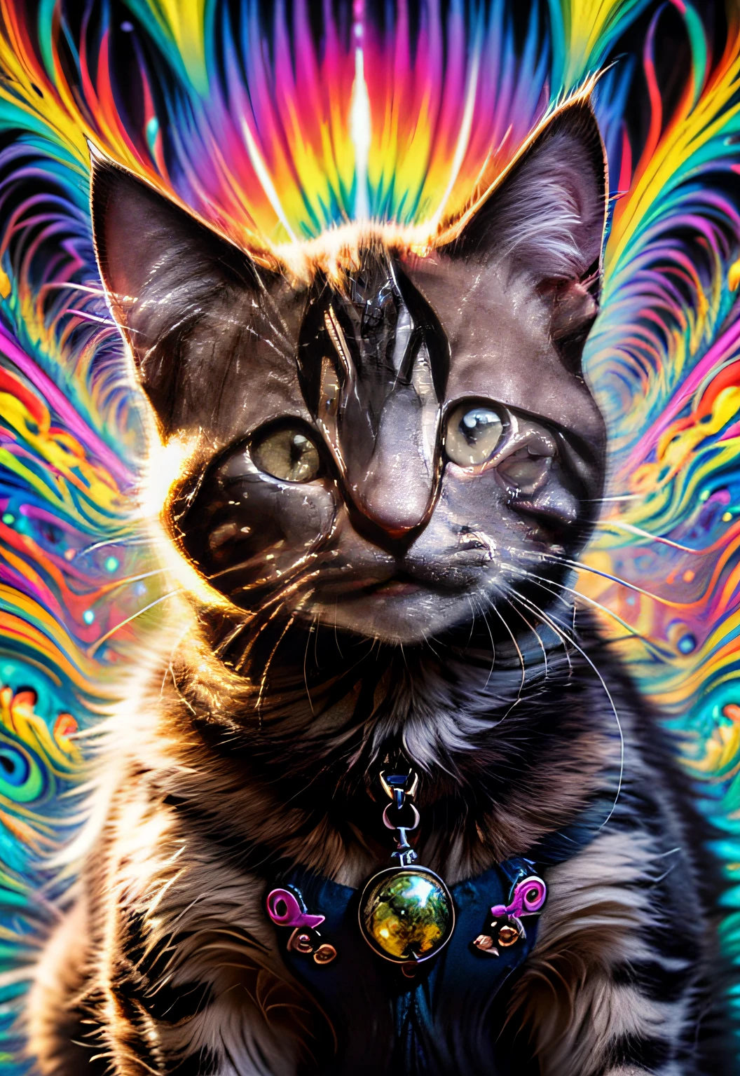 masterpiece、top-quality、top-quality、(((Psychedelic kitten design)))、ighly detailed、colourfull、highestdetailed、frontage
