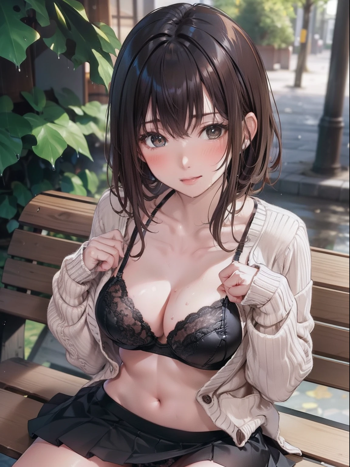(masterpiece), (best quality), (ultra detailed), 1girl, sexy pose, blush, ((open casual cardigan:1.2)), happy, looking at viewer, large hair, brown hair, in the night park with trees,bench, shy ,sitting on ground, ((solo)) ,worry, blush, naughty,from below,slim body,(shiny skin, wet skin:0.8), sweating, rainy,side, from front, from above,long wet hear, ((show off panties)), ((show off bra)), ((skirt)),