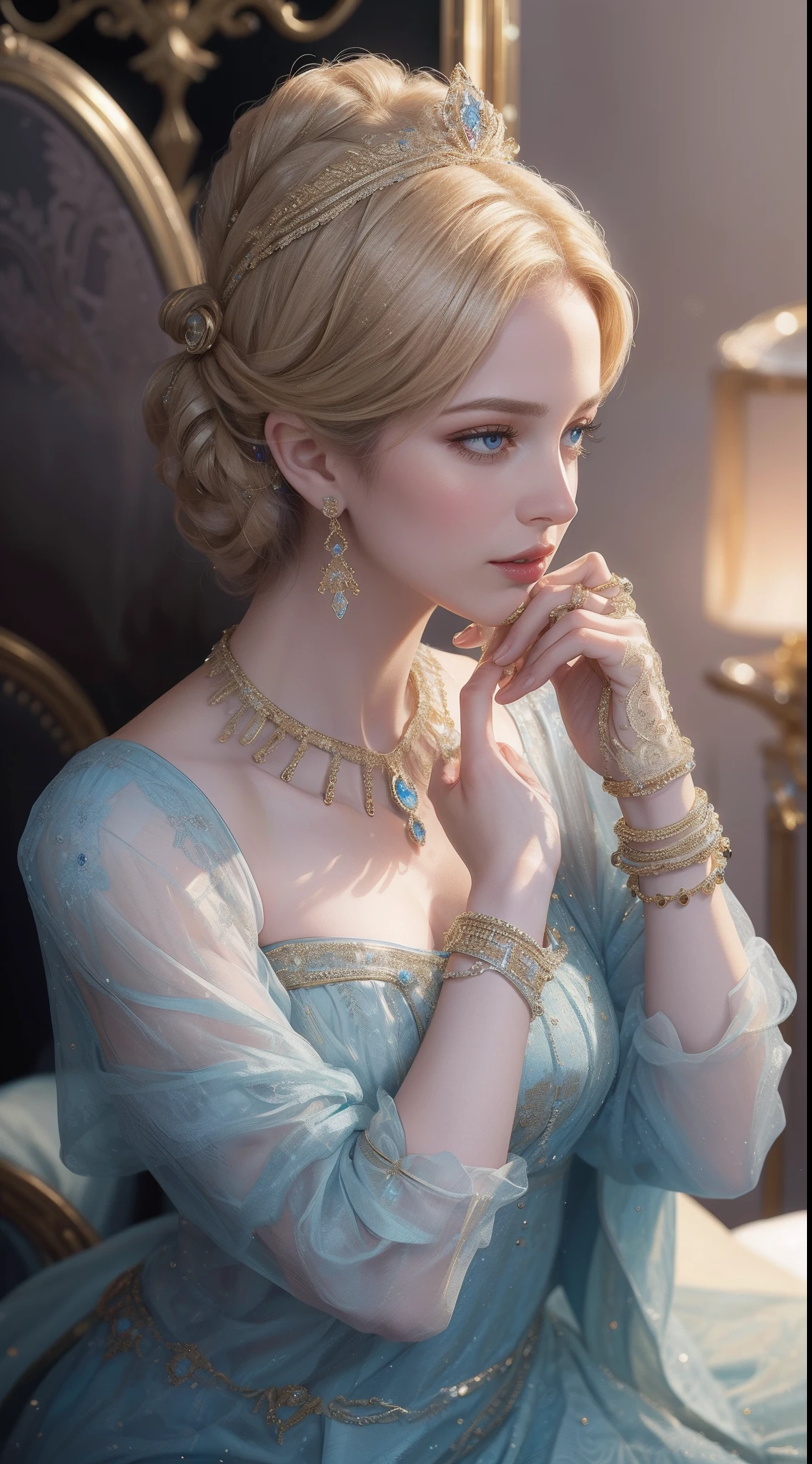 tmasterpiece，Highest image quality，Beautiful bust of royal women，Delicate blonde hairstyle，Decorated with dazzling intricate jewelry，super detailing，upscaled。