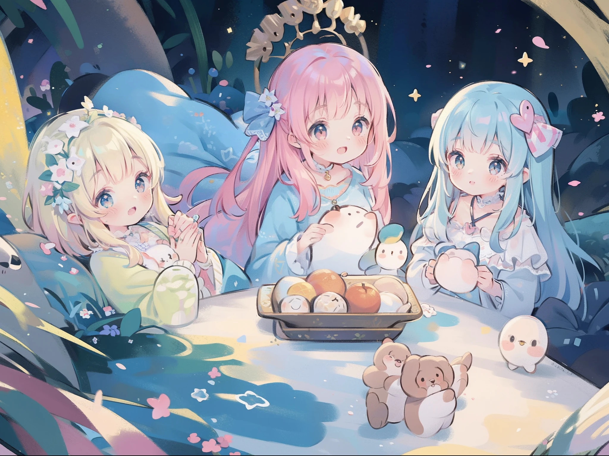 masterpiece, best quality, 8k resolution, sharp focus, intricate detail, beautiful 3girls, sparkling eyes, golden ratio face, otherworldly liquid, watercolor, pastel colors, bright colors, whimsical, colorful, sharp focus, high resolution, fine detail, ((layered tiered puffy long sleeves ballgown)), ((round eyes)), iridescent bubbles, fantasia background
