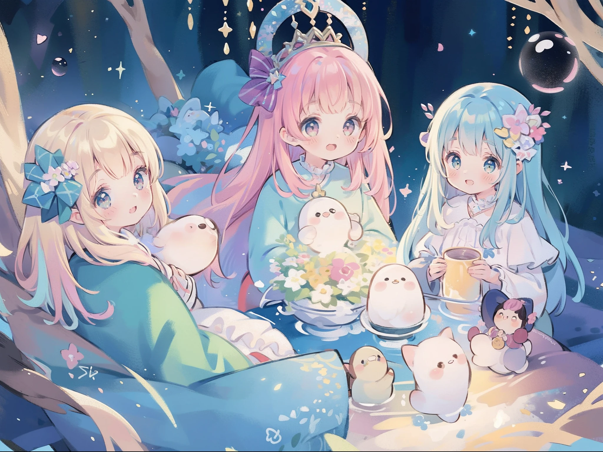 masterpiece, best quality, 8k resolution, sharp focus, intricate detail, beautiful 3girls, sparkling eyes, golden ratio face, otherworldly liquid, watercolor, pastel colors, bright colors, whimsical, colorful, sharp focus, high resolution, fine detail, ((layered tiered puffy long sleeves ballgown)), ((round eyes)), iridescent bubbles, fantasia background