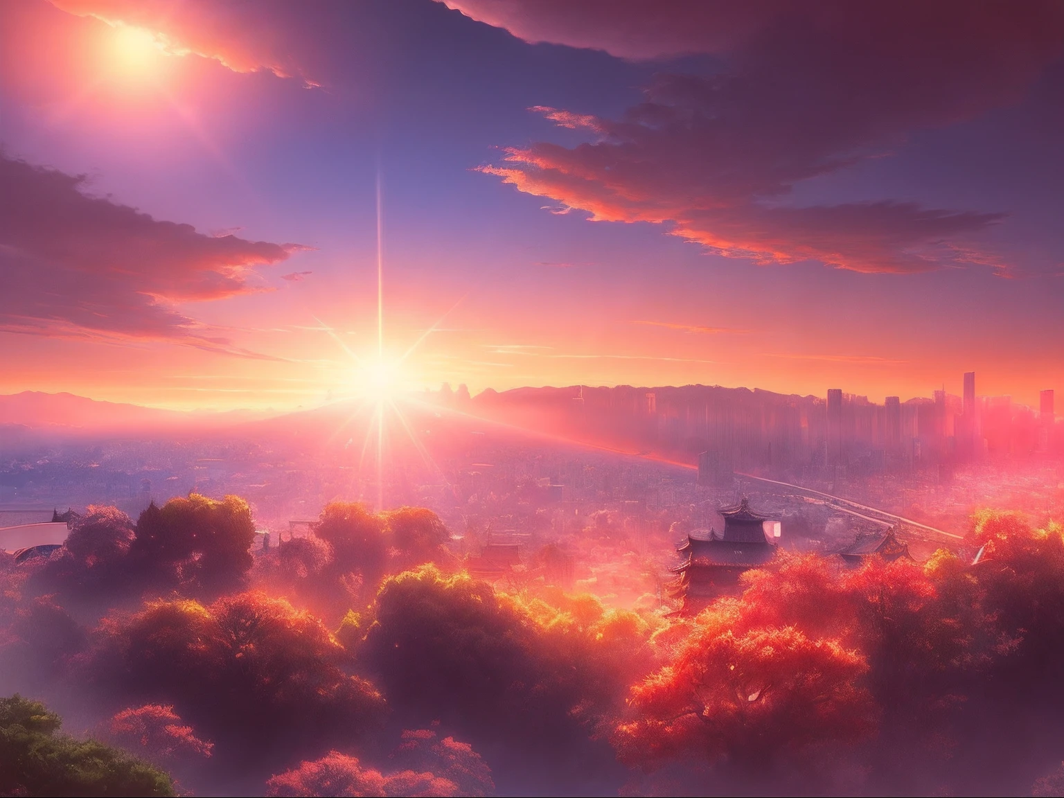 Japanimation, (((eroge))), Japanese scene, Japanese composition, 16k, extremely high level illustration, absurd resolution, absurd detailed, no humans, scenery, cloud, sky, cityscape, city, outdoors, building, tree, sun, sunset, sunlight, cloudy sky, skyscraper, lens flare, landscape