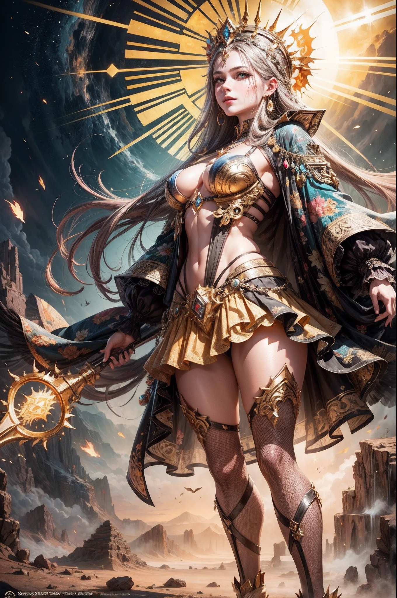 1girl, beautiful sun empress, detailed eyes, detailed face, mature face, athletic body, looking at viewers,full body, light smile,detailed skin,mature body, tall body,seductive body,medium big breast, medium thigh, detailed clothes BREAK desert and pyramid backgrounds, holding only one long and thick sun scepter, phoenix dragon in sky, highly saturating sunbeams, holy ceremony, angelic halo, golden and orange spark dazzling around, holy magic circle, golden crown , golden majical lightning, best quality, masterpiece, trending on Art station,BREAK,Detailed,Realistic,4k highly detailed digital art,octane render, bioluminescent, cinematic lighting BREAK 8K resolution concept art, realism,by Mappa studios,masterpiece,best quality,official art,illustration,ligne claire,(cool_color),perfect composition,absurdres, fantasy,focused,