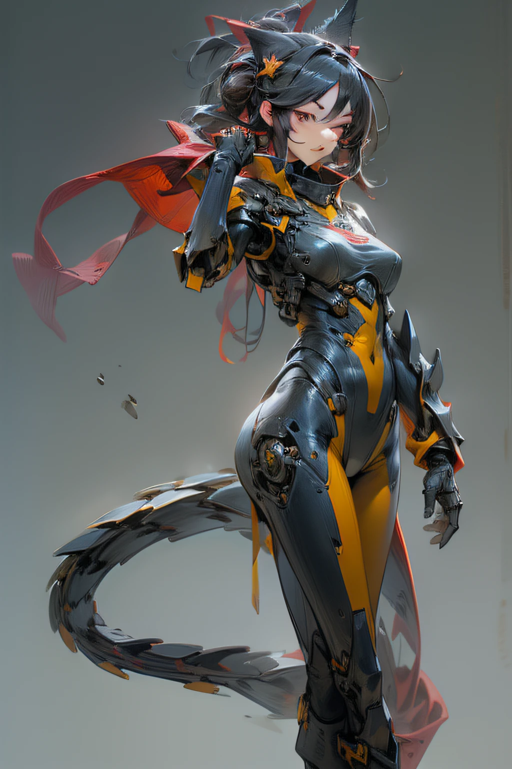 Dragon ear, at night,huge and complex technical background,(masterpiece),(detailed),(intricate details),(realistic, photo-realistic:1.1),i1girl,solo,(full body:1.0),blue fire,gear,giant robot,machine,damage armor,glove,machinery suit,(machinery boots),Mecha,science fit,updo,wearing mechanical equipment,nice ,Standing posture of model,Twist your body slightly,(Tall and elegant,slender figure:1.4),Dragon ear ,Dance posture,Sexy posture,Tall and elegant,Metal Takazawa,Gorgeous,Science Filament,(Red and black color case:1.0), (masterpiece, best quality, high quality, highres, ultra-detailed),