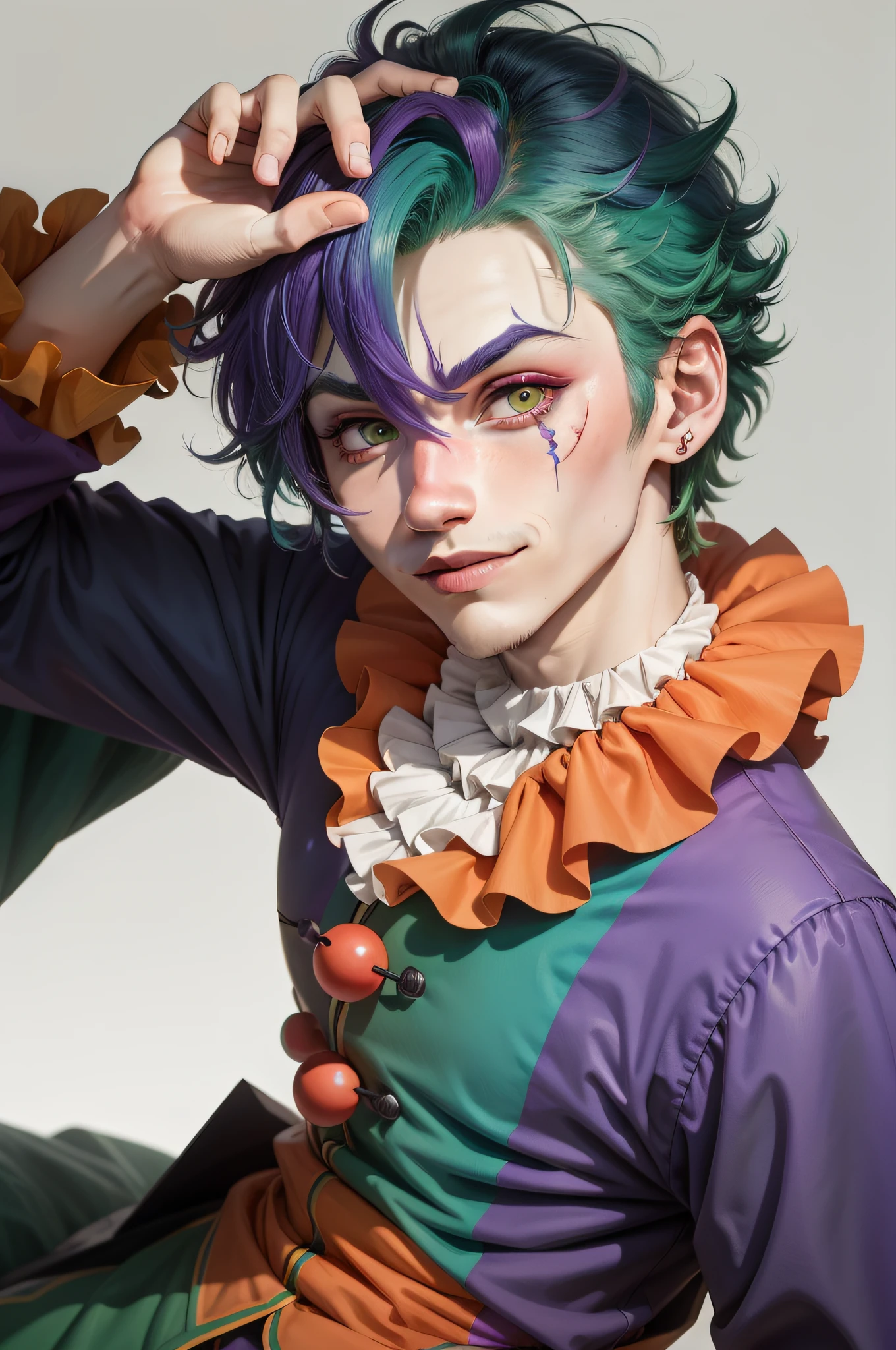 Clown avatar，Close-up of the head，Only head and shoulder positions are displayed，ember，Wallpapers，Anime handsome boy，Green hair，Purple colored hair，Hair has gradient color，Black suit，white backgrounid，Red round nose of the clown，Clown's mouth，Handsome nose，Pointed chin，Azure pupils，ssmile，年轻