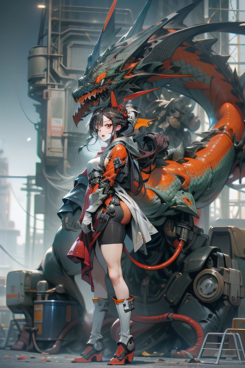 Dragon ear, at night,huge and complex technical background,(masterpiece),(detailed),(intricate details),(realistic, photo-realistic:1.1),i1girl,solo,(full body:1.0),blue fire,gear,giant robot,machine,damage armor,glove,machinery suit,(machinery boots),Mecha,science fit,updo,wearing mechanical equipment,nice ,Standing posture of model,Twist your body slightly,(Tall and elegant,slender figure:1.4),Dragon ear ,Dance posture,Sexy posture,Tall and elegant,Metal Takazawa,Gorgeous,Science Filament,(Red and black color case:1.0), (masterpiece, best quality, high quality, highres, ultra-detailed),