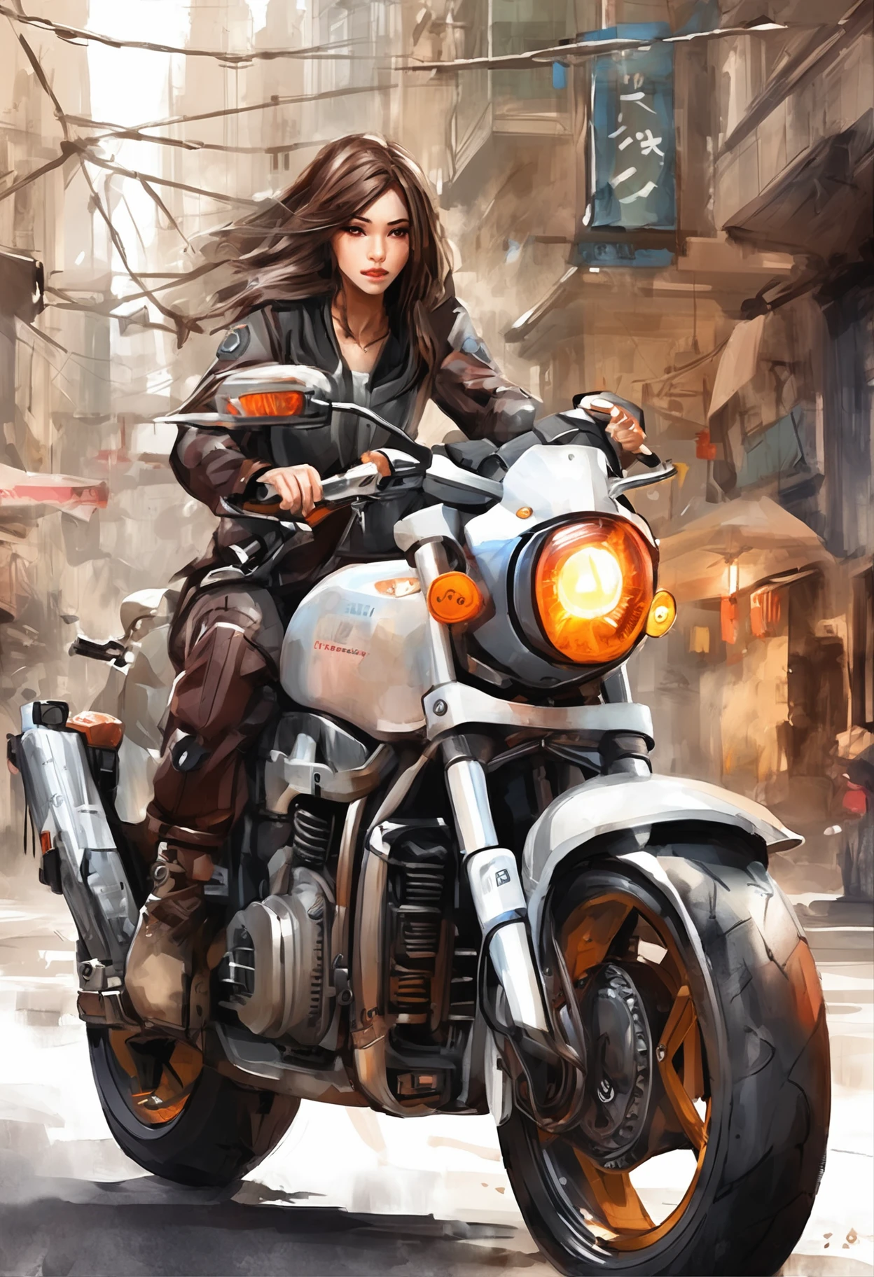 「((top-quality)), ((Best Retail)), (High level of detail: 1.3),。.。.。.3D、Beautiful fece（cyber punk perssonage: 1.3）Hacker woman、Female spy、riding a motorcycle