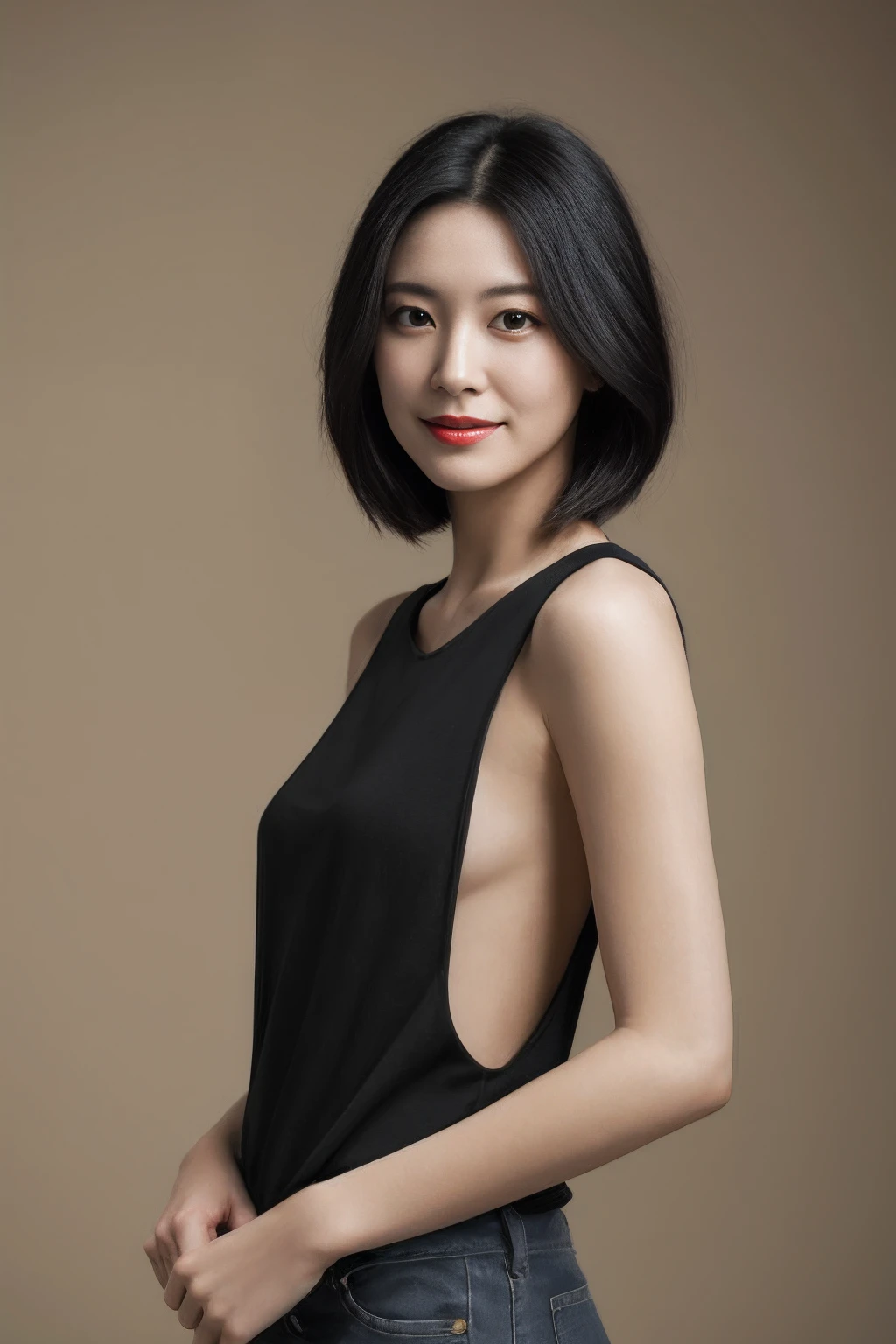 portlate, 8K, hightquality, Realistic photo images, 33yo, A Japanese Lady, Neat and clean wife, Natural and realistic eyes, Beautiful black hair, Shorthair, octan render, beautiful lighting, Composition of the golden ratio, dressed casually, Upper body on blurred background, middlebreasts, Light makeup, greys, Beige, bloo, Casual attire, A slight smil