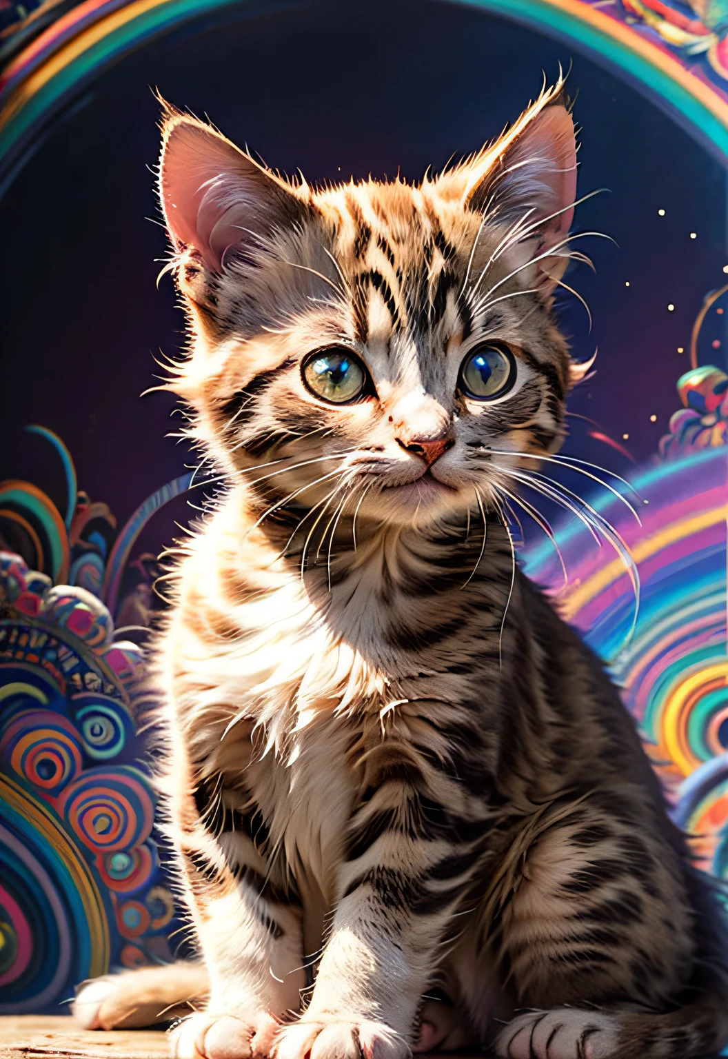 masterpiece、top-quality、top-quality、(((Psychedelic kitten design)))、ighly detailed、colourfull、highestdetailed、frontage