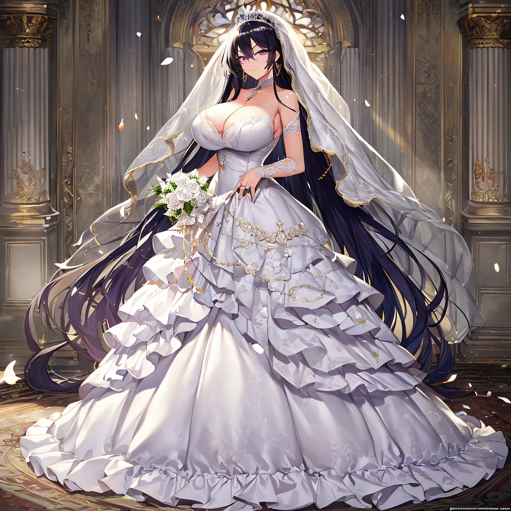 ((anime artstyle)),Masterpiece,Best Quality,Super Detail,Very Delicate and Beautiful,Solo,((full body)),(((1 arrogant queen wearing gorgeous white ballgown wedding dress with voluminous crinoline hoop skirt))),voluminous frills and beautiful lace,((gigantic tits,long tits,cleavage,skindentation)),jewel-like eyes,(haughty smile),(((arrogant facial expression,haughty facial expression))),Sharp eyes,Purple eyes,(Beautiful detailed face and eyes),((shiny hair,Bangs between eyes,voluminous straight hair,extremely Long straight Hair)),black hair,gorgeous embroidery and lace,luxury hair ornament,extremely gorgeousfull jeweled tiara,long train,((bling-bling gorgeous gemstone jewelry)),long wedding veil,full body,standing in the sacred cathedral,white lily flowers,flower petals flowing,light particles,Sacred Light,((gorgeous white ballgown wedding dress with voluminous crinoline hoop skirt))