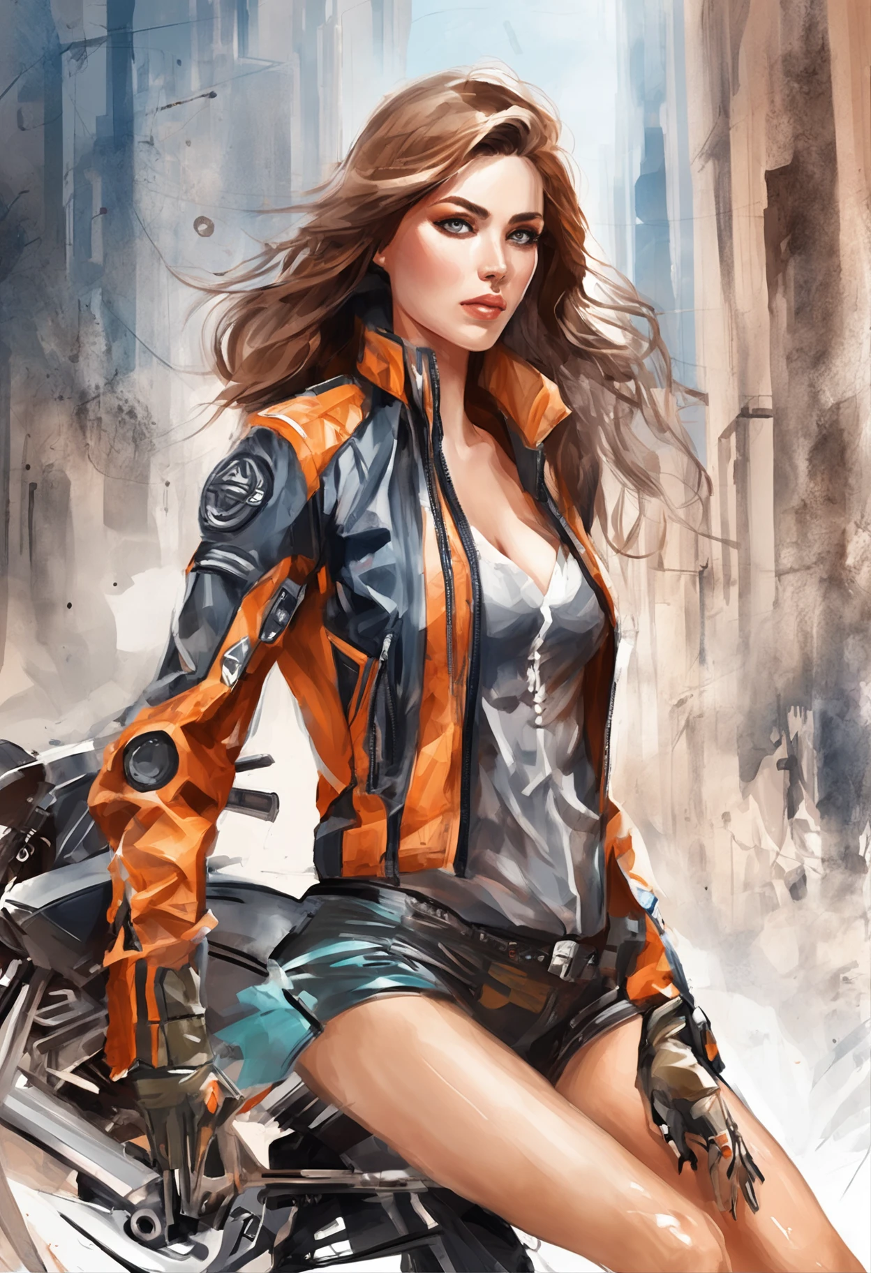 「((top-quality)), ((Best Retail)), (High level of detail: 1.3),。.。.。.3D、Beautiful fece(cyber punk perssonage: 1.3)Hacker woman、Female spy、riding a motorcycle