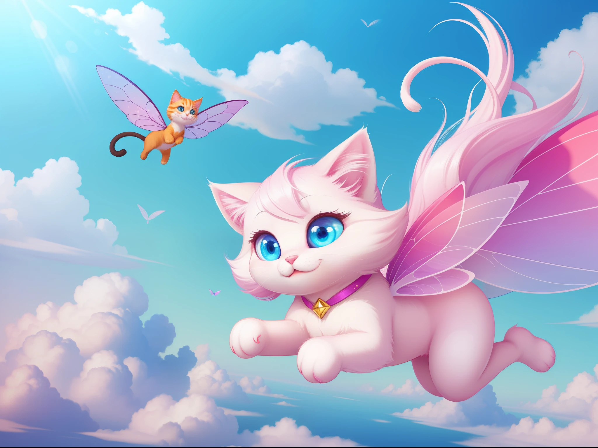 fantasy world; Bright colors, Indescribably sweet, Cartoon style, Style Fairy Tale; adorable ty girl with long hair, fluttering in the wind, with a long tail, in free flight, casually soaring among the clouds, bare footed, Happy smile, eye shine, On his face is an expression of infinite happiness; high quality textures, higly detailed, realistness