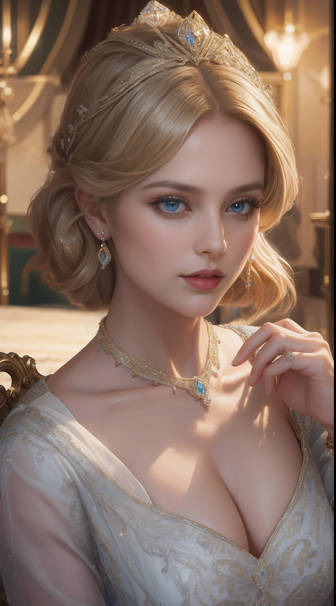 tmasterpiece,Highest image quality,Beautiful bust of royal women,Delicate blonde hairstyle,Decorated with dazzling intricate jewelry,super detailing,upscaled。