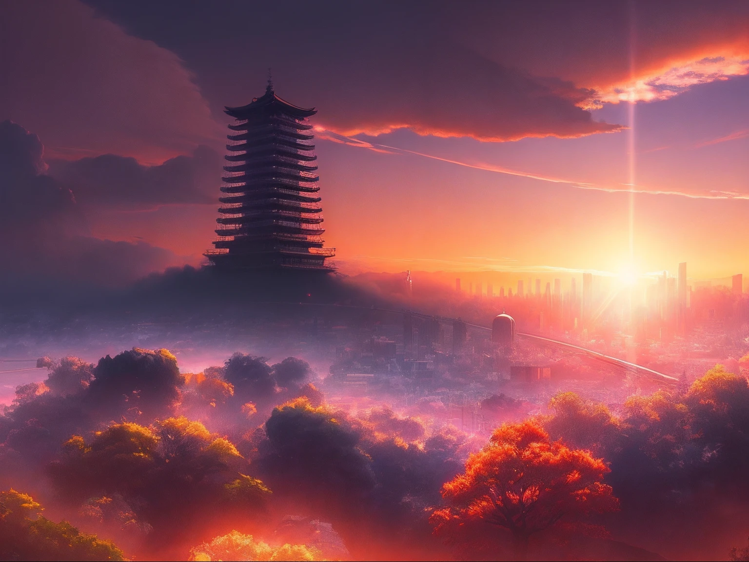 Japanimation, (((eroge))), Japanese scene, Japanese composition, 16k, extremely high level illustration, absurd resolution, absurd detailed, no humans, scenery, cloud, sky, cityscape, city, outdoors, building, tree, sun, sunset, sunlight, cloudy sky, skyscraper, lens flare, landscape