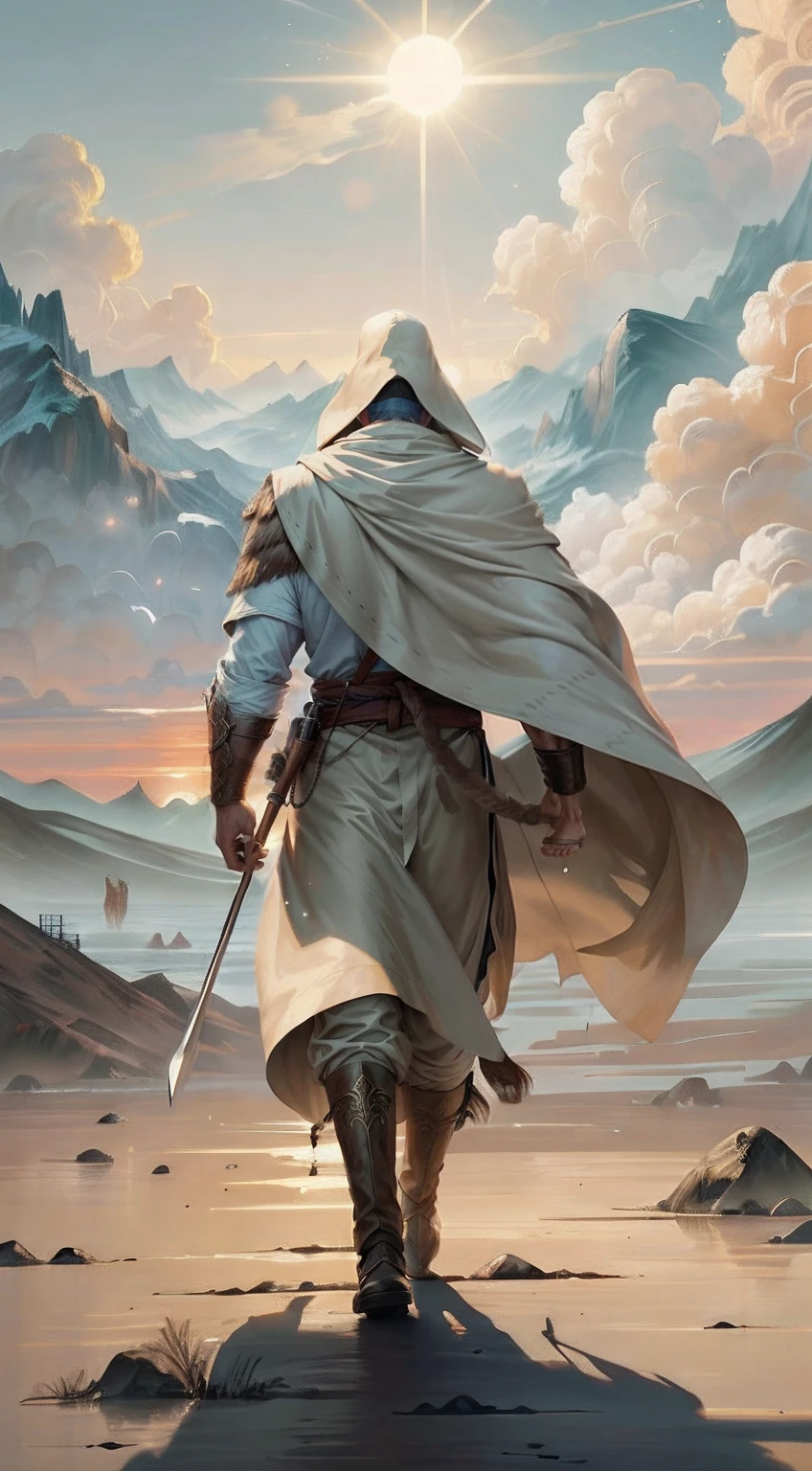 The ancient warrior in the trench coat walked firmly into the distance,He wears a cloak on his head,中景 the scene is,facing away from the audience,(Vast desert:1.2),(Rolling white clouds:1.2),(Lonely smoke drifted into the sky:1.2),The smoke is thick,Eagles fly,(The setting sun shines obliquely through the clouds),vivd colour(Light particle effect),(Masterpiece),(Extremely detailed picture description),(8k wallpaper),(Master painting),(Ink painting style),(Noticeable light and shadow effects),(Ray traching),(Obvious layers),(depth of fields),(best qualityer),「Journey to the West」Ray