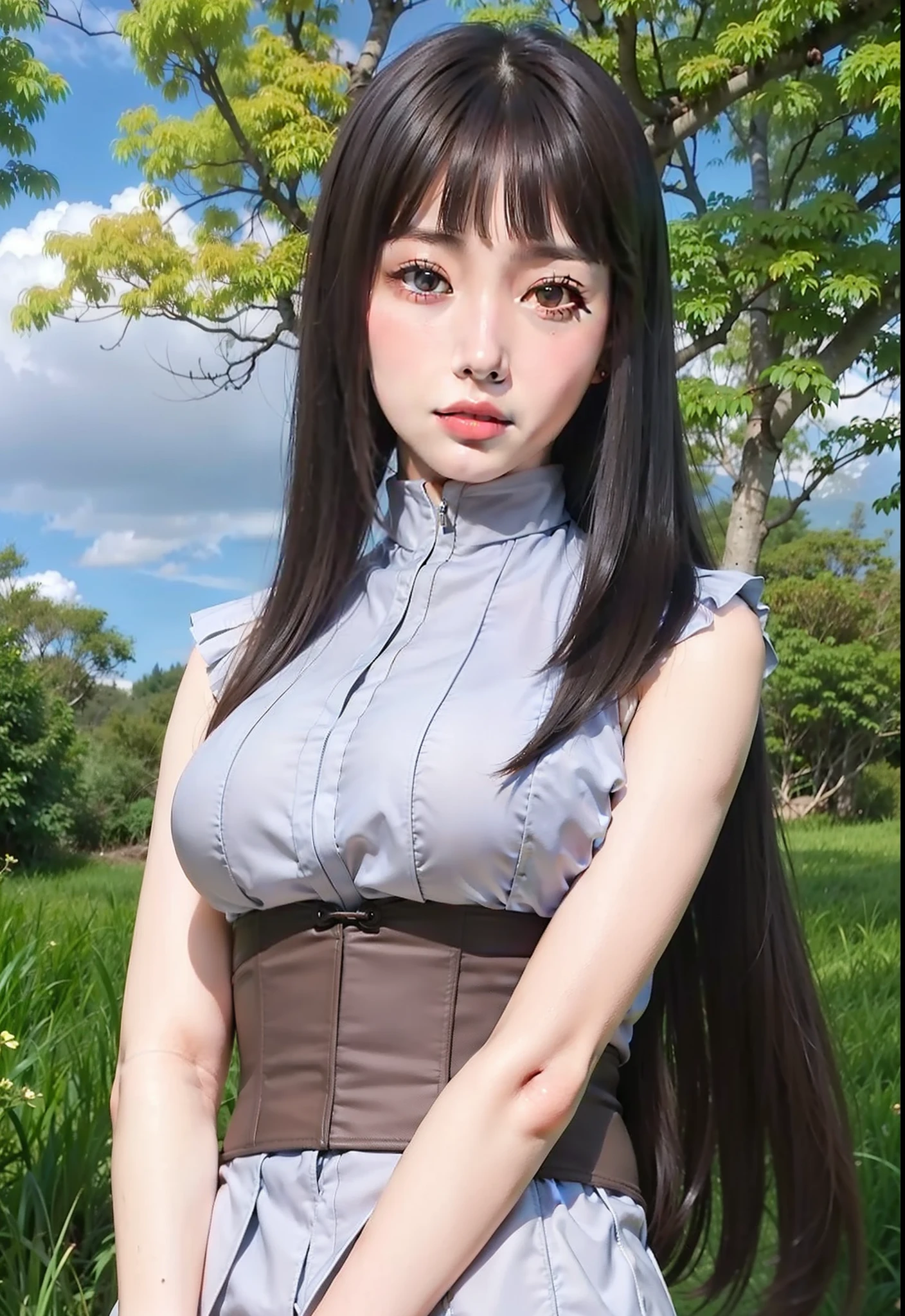 real life adaption of this character,her name is hinata Hyuga from anime Naruto,Realistic the back of the long hair is cut neatly ,,realistic outfit same patter,(waist corset brown color),Asian teen beauty face ,realistic light,realistic shadow,realistic background,realism,(photorealistic:1.2),((fringe hair neatly cut:1.3 ))