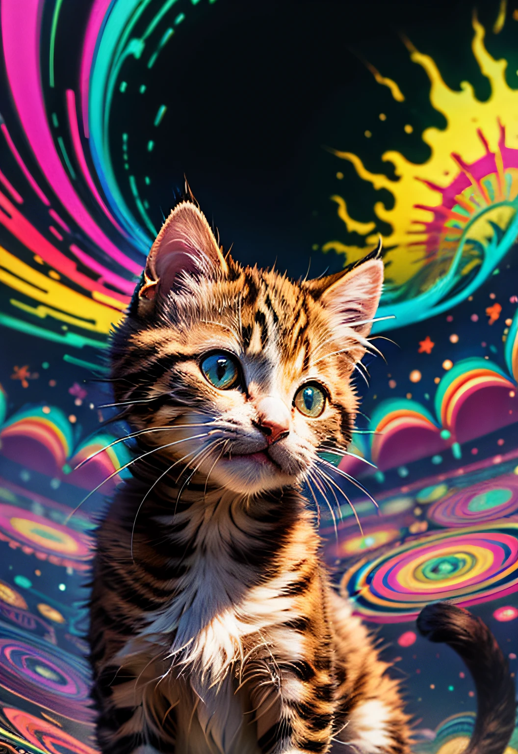 ​masterpiece、top-quality、top-quality、(((Psychedelic kitten design)))、ighly detailed、colourfull、highestdetailed、frontage