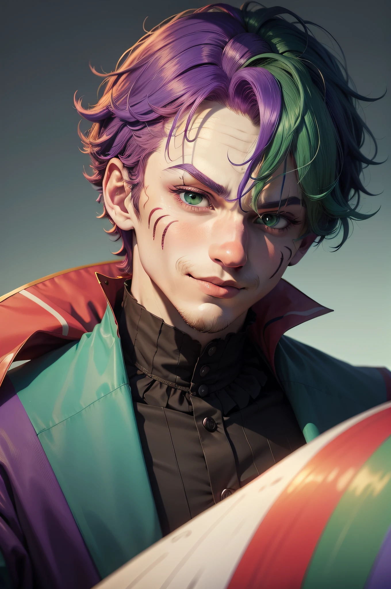 Clown avatar,Close-up of the head,Only head and shoulder positions are displayed,ember,Wallpapers,Anime handsome boy,Green hair,Purple colored hair,Hair has gradient color,Black suit,white backgrounid,Red round nose of the clown,Clown's mouth,Handsome nose,Pointed chin,Azure pupils,ssmile,年轻