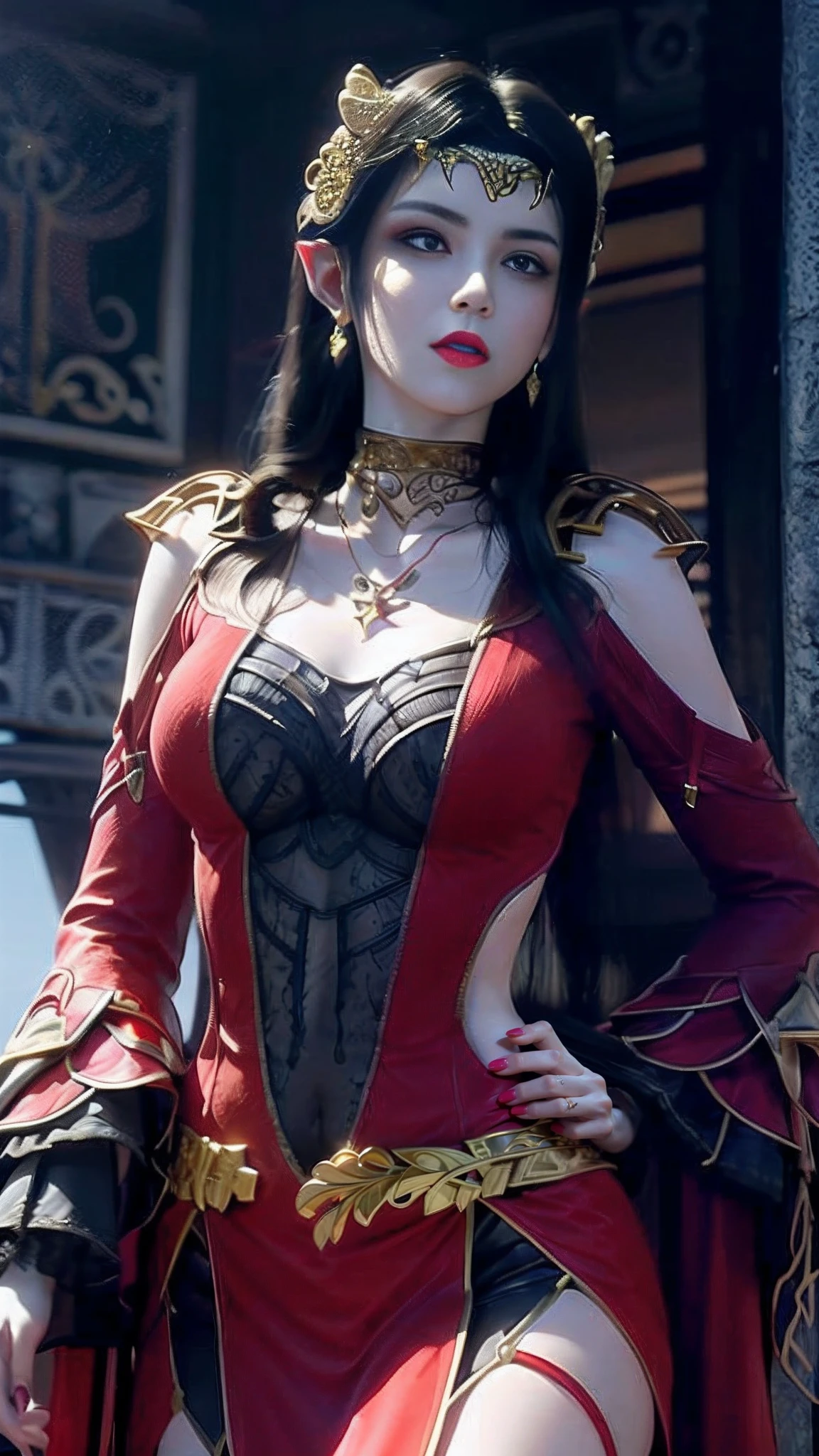 Photorealistic, high resolution, 1 woman, hips up, Beautiful eyes, Long hair, ringed eyes, jewelry, tattoo, , in a garden,very tight uniform,huge  ,thin waist,sexy figure,upper body exposed,perfect ass,((red and black uniform)),deess is digged inside woman's ass,full tight hips,((front view)),((close up))