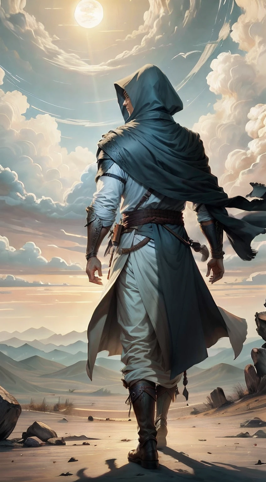 The ancient warrior in the trench coat walked firmly into the distance,He wears a cloak on his head,中景 the scene is,facing away from the audience,(Vast desert:1.2),(Rolling white clouds:1.2),(Lonely smoke drifted into the sky:1.2),The smoke is thick,Eagles fly,(The setting sun shines obliquely through the clouds),vivd colour(Light particle effect),(Masterpiece),(Extremely detailed picture description),(8k wallpaper),(Master painting),(Ink painting style),(Noticeable light and shadow effects),(Ray traching),(Obvious layers),(depth of fields),(best qualityer),「Journey to the West」Ray