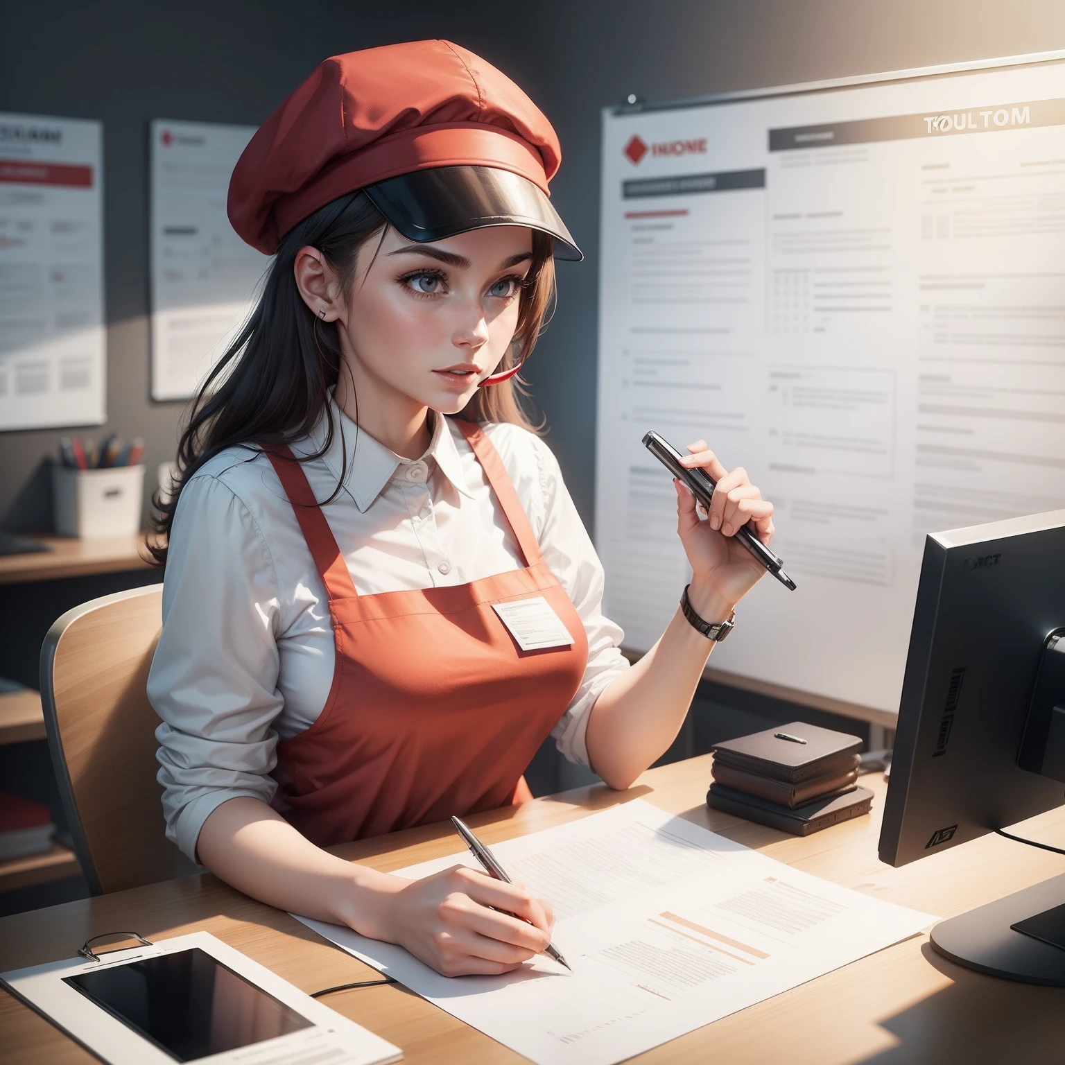 A how can I help you desk with a telephone and notice board in background with lists pinned on it and a volunteer wearing a red cap and red apron helping others vector art