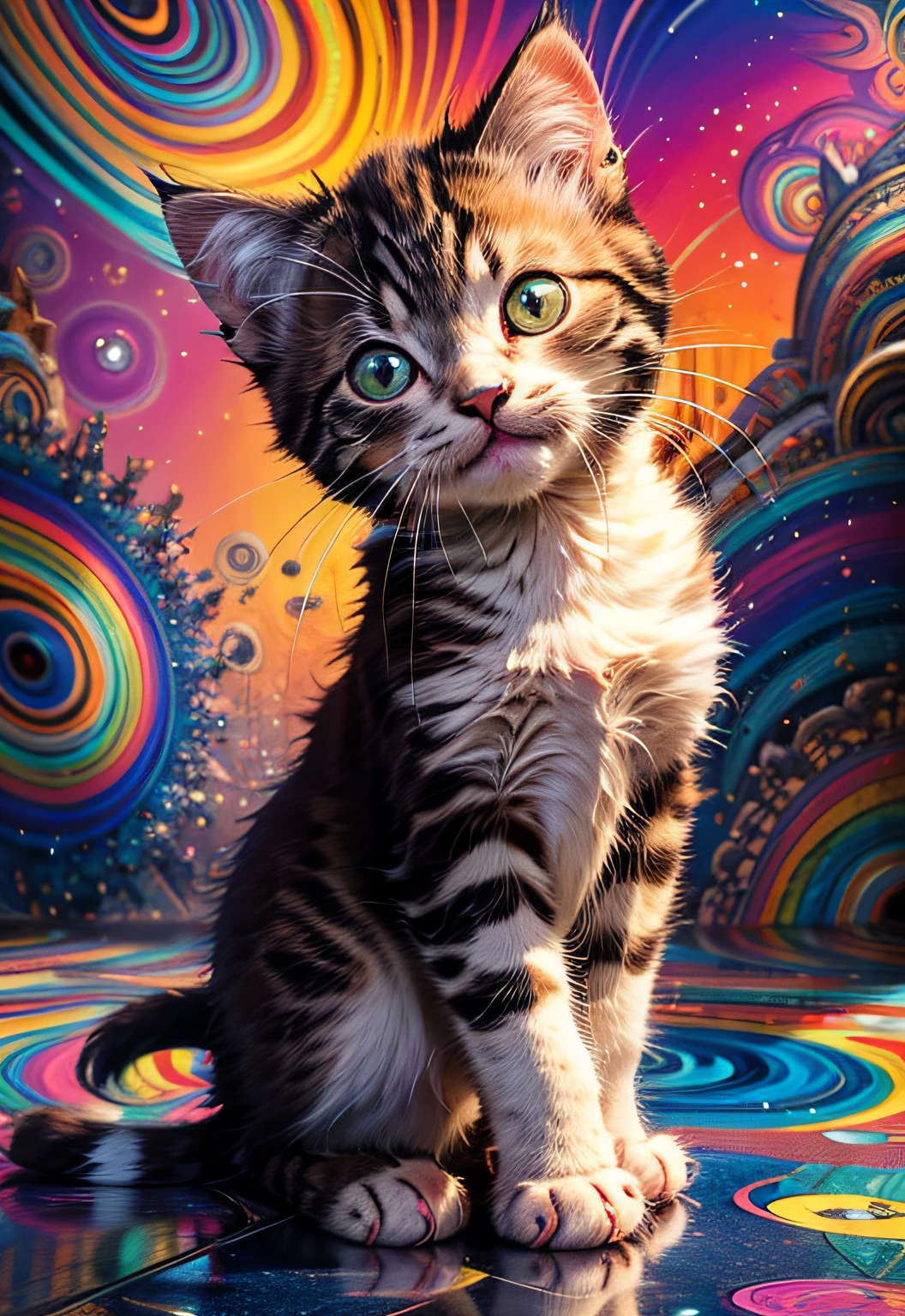 masterpiece、top-quality、top-quality、(((Psychedelic and colorful kitten design)))、ighly detailed、colourfull、highestdetailed、frontage