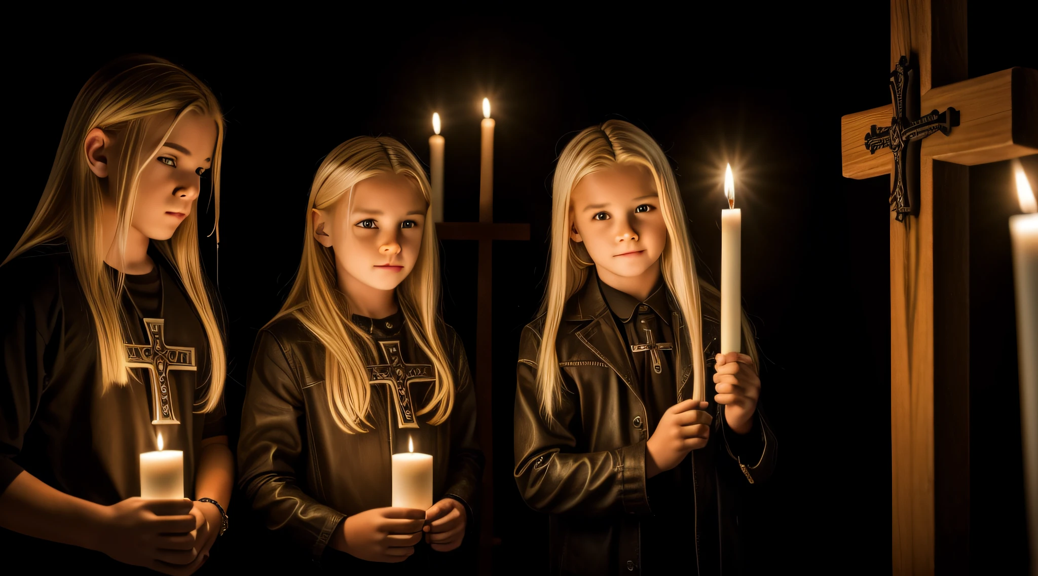 BLONDE KIDS CABELO LONGO, Gothic cross, cruz, CROSSES WITH LIT CANDLES in hand.