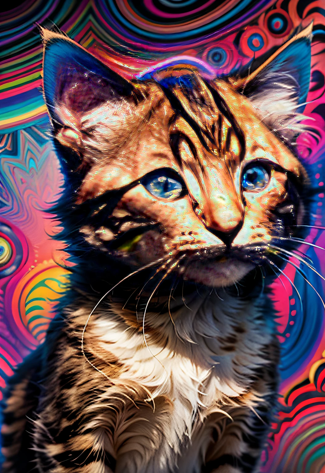 masterpiece、top-quality、top-quality、(((Psychedelic and colorful kitten design)))、ighly detailed、colourfull、highestdetailed、frontage