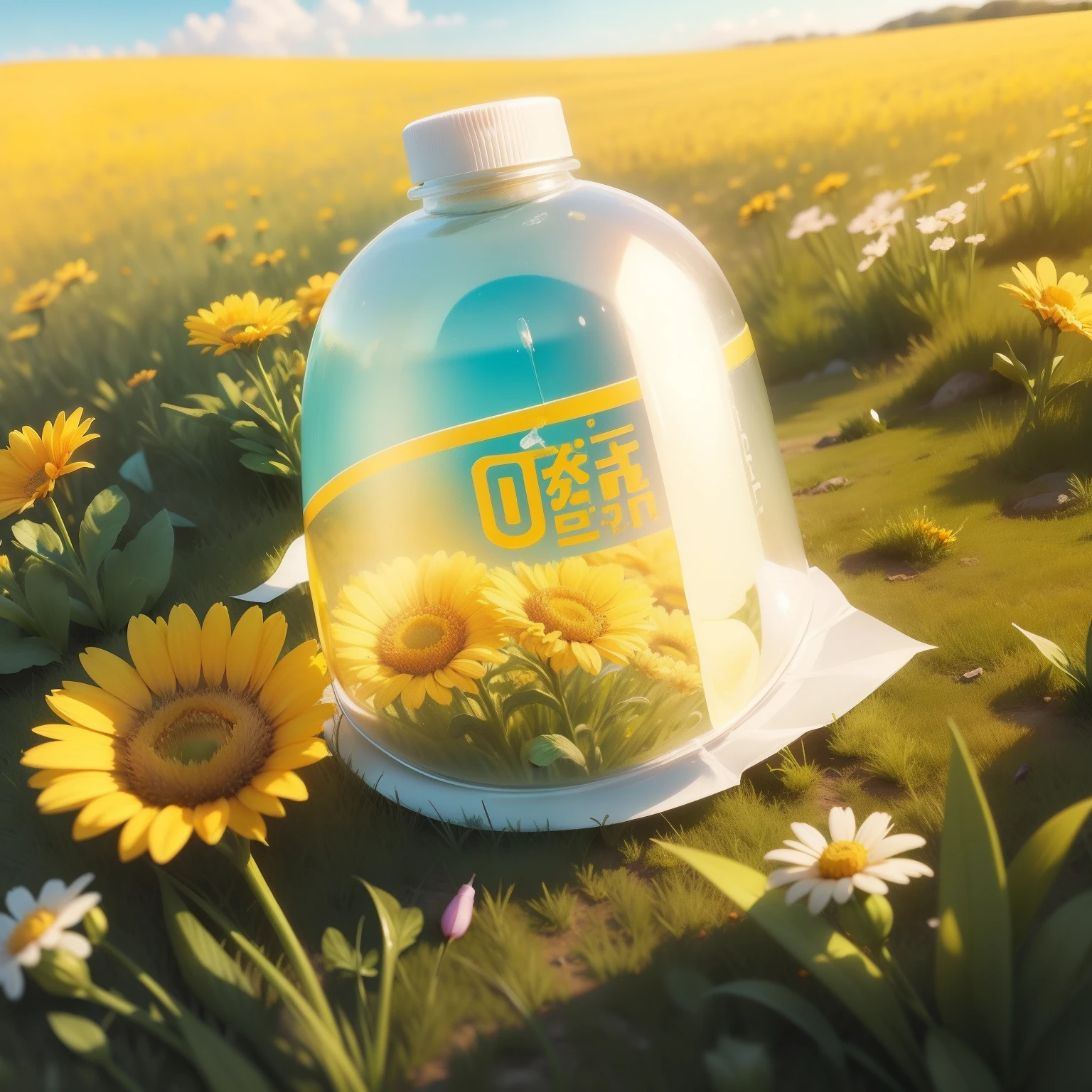 On a pale yellow meadow,a used condom,colorful flower,The sky in the distance