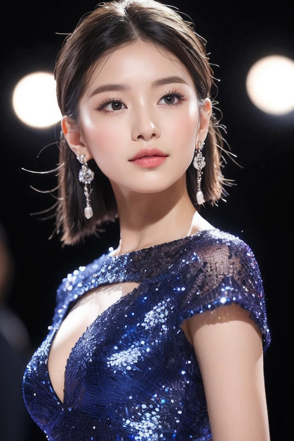 (8k，Best Picture Quality，A high resolution，Very detailed body details，full bodyesbian，动态照明，Very detailed faces，Street photography)Her dress was black，Complements the hues of the volcano。It is made of silk and tulle，The texture is light and soft，It was as if touching her skin。dress is embroidered with delicate silver filigree patterns，Flashing with a shimmering light，Like stars dotting the dark night sky。The exquisite cut and streamlined design show off her perfect figure，Amazing。
Her hair was draped，Like a waterfall in the night。The delicate black hair shimmered with a silver glow，It was like moonlight shining on a black volcano。The hair on her forehead was pinned in a bun，Sandwiched by a silver-white flower，It adds a touch of freshness。Her makeup is light and delicate。The eyes in her eyes were as blue as the sea，Reveal inner wisdom and firmness。Her eye shadow is a deep purple，This makes her eyes even more mysterious and charming。The slender and thick eyelashes flutter gently，Elegant and moving like a butterfly。She had crimson lipstick on her lips，Let her smile bloom like a flower，Exudes an alluring charm。
Matching her dress and makeup was a pair of shiny silver high heels。Noble and elegant design，This makes her steps lighter and more confident。She wears a silver bracelet and a delicate diamond bracelet on her wrist，Shining brightly。A pair of silver earrings are worn on his ears，Embellished her perfect silhouette，Exudes a sparkling brilliance。On a black volcano，Her nobility and elegance are like a beautiful landscape。Her appearance, makeup, and clothing details all show her distinctive temperament，It's captivating。