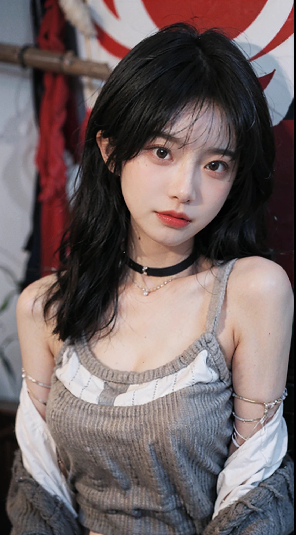 best qualtiy, 超高分辨率, (realisticlying:1.4),Baoyu Girl,1girll, with long coiled hair,Blushlush,Looking into the distance,nedium breasts,Cropped red sweater,a sense of atmosphere,Beautiful woman with a slim figure:1.4, Abs,Ultra-fine face,Elaborate Eyes,二重まぶた,choker necklace