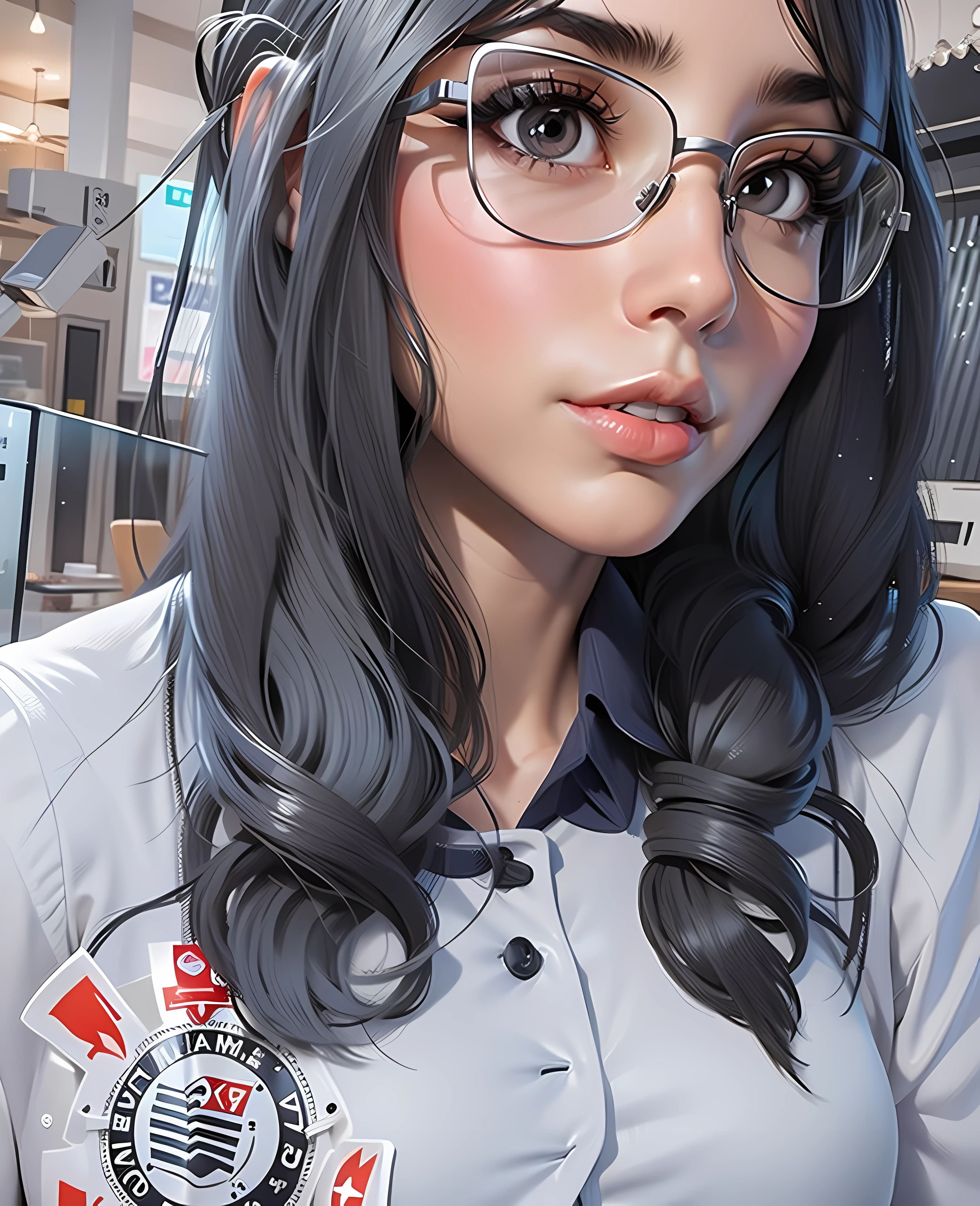 there is a woman with glasses and a white shirt posing for a picture, wavy long black hair and glasses, wearing lab coat and glasses, vestindo jaleco e blusa, With eye Glasses, 18 anos, Mia califa, her hair is silver, wearing black frame glasses, androgynous person, Vestindo o uniforme da RR Diner, with black eyeglasses