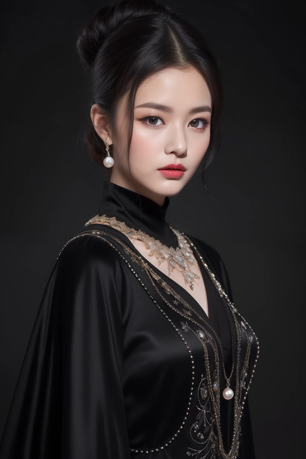 (8k,Best Picture Quality,A high resolution,Very detailed body details,full bodyesbian,动态照明,Very detailed faces,Street photography)Noble princess costume on a black volcano,Appearance, makeup, clothing needs to show a unique and mysterious temperament。Here are some hints and details,Help you create this image:
1. appearance:
- Pale skin:Her skin takes on a pale grayish hue similar to that of volcanic rock,Looks transparent and smooth。
- Eyes like stars:Her eyes were like the deep night sky,The black pupils seemed to be able to devour all light。
- High bun:She coiled her thick, dark hair high,Paired with delicate hair accessories,It's like a black gemstone set on top of your head。
2. Makeup:
- Smoky eye makeup:Her eye makeup features a deep charcoal gray and shiny silver tone,The eyes reveal mystery and coldness。
- Red lips:Her lips were bright as blood,Apply a layer of dark red lipstick,Highlight her nobility and majesty。
3. clothes:
- Gorgeous dresses:She wore a black silk dress,It was like black waves undulating on her,Embellished with precious stones and pearls,shimmering with an enigmatic twinkle。
-Cloak: Her cape is made of black velvet,Inlaid with silver silk thread,Like a shooting star in the night sky,Let her be like a shining star on the black volcano。
These descriptions can help you create a sense of mystery、Noble and charming image of a princess。Remember to use adjectives and detailed descriptions to express her character and the details of her dress。