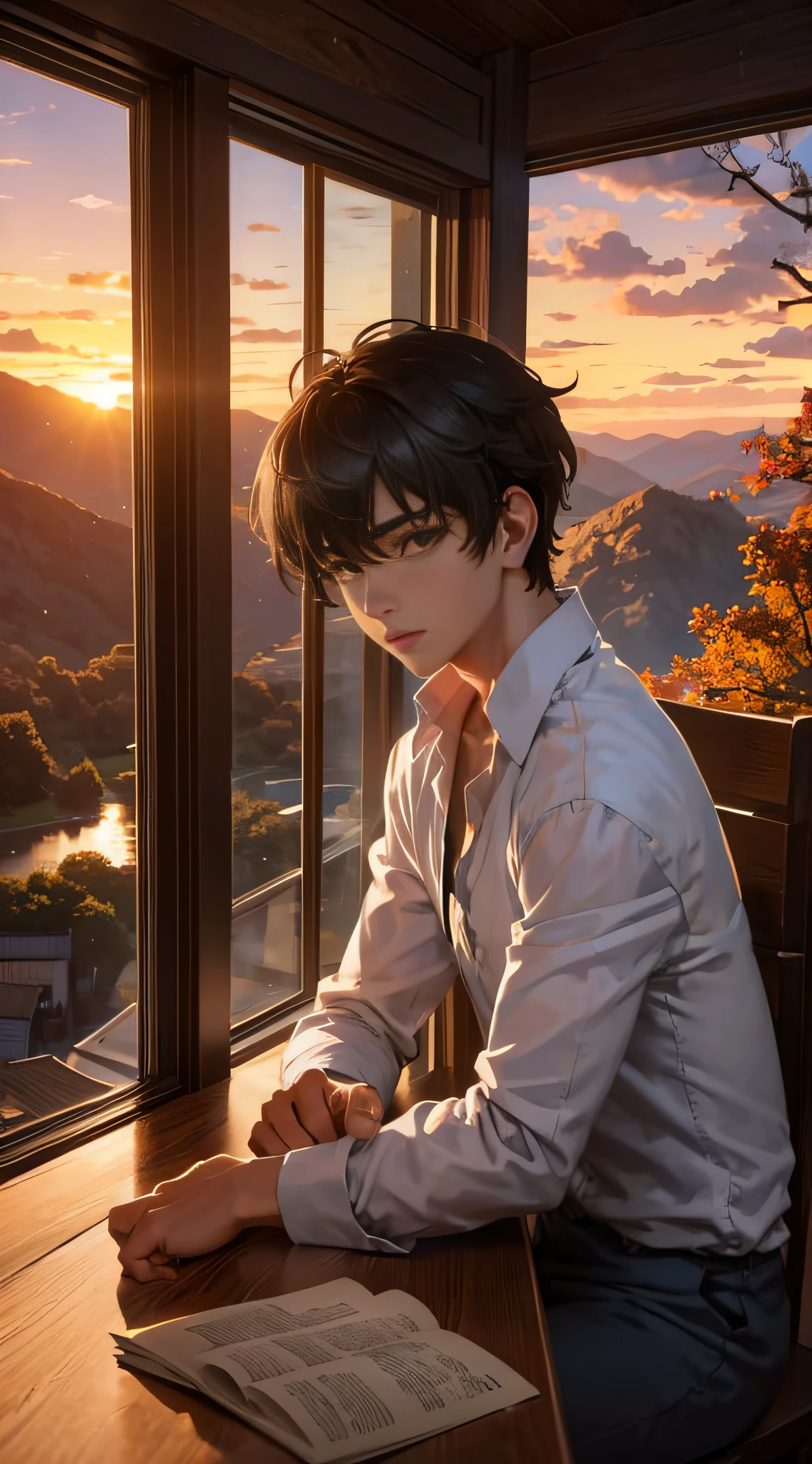 A boy sits at a table by the window,Beautiful verse,There was a hint of sadness in my heart,The expression is solemn,facing at camera,The evening breeze is long,Autumn water,Sunset on the mountainside,Gooseback Sun