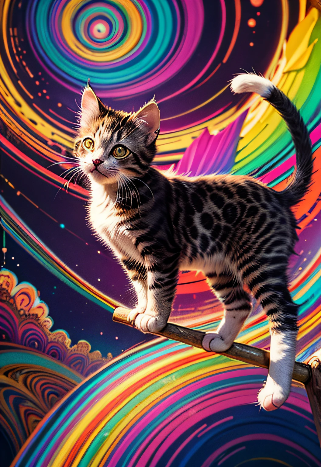 masterpiece、top-quality、top-quality、(((Psychedelic and colorful kitten design)))、ighly detailed、colourfull、highestdetailed、frontage