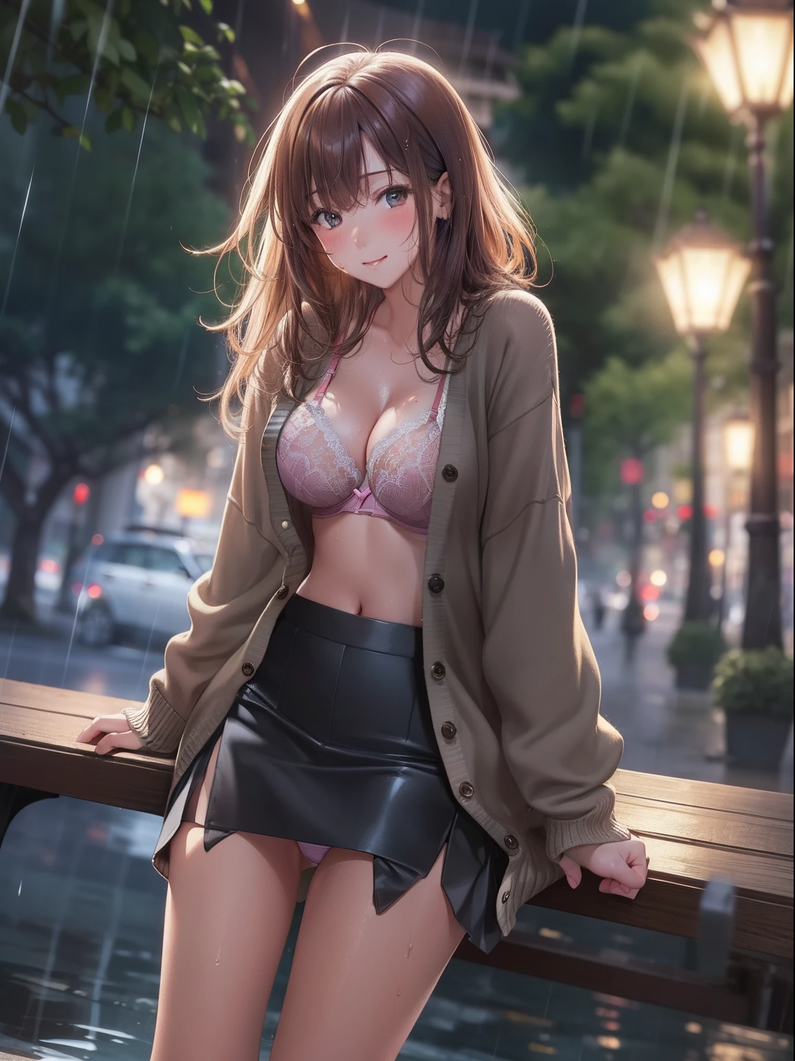 (masterpiece), (best quality), (ultra detailed), 1girl, sexy pose, blush, ((open casual cardigan:1.2)), happy, looking at viewer, large hair, brown hair, in the night park with trees,bench, shy ,sitting on ground, ((solo)) ,worry, blush, naughty,from below,slim body,(shiny skin, wet skin:0.8), sweating, rainy,side, from front, from above,long wet hear, ((show off panties)), ((show off bra)), ((skirt)),