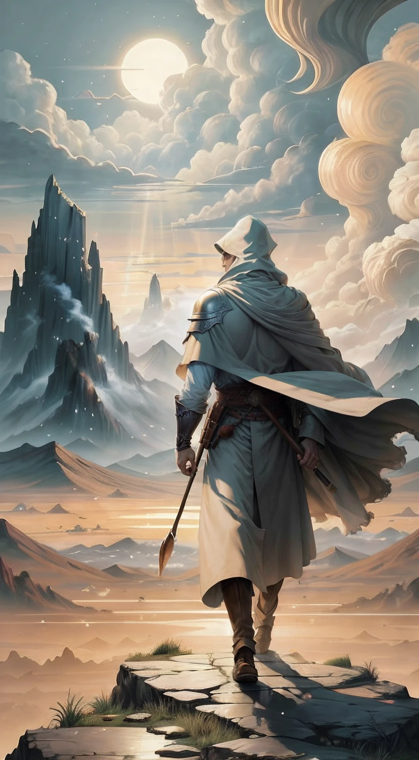 The ancient warrior in a trench coat walked firmly into the distance,He wears a cloak on his head,中景 the scene is,facing away from the audience,(Vast desert:1.2),(Rolling white clouds:1.2),(Lonely smoke drifted into the sky:1.2),The smoke is thick,Eagles fly,(The setting sun shines obliquely through the clouds),vivd colour(Light particle effect),(Masterpiece),(Extremely detailed picture description),(8k wallpaper),(Master painting),(Ink painting style),(Noticeable light and shadow effects),(Ray traching),(Obvious layers),(depth of fields),(best qualityer),「Journey to the West」Ray