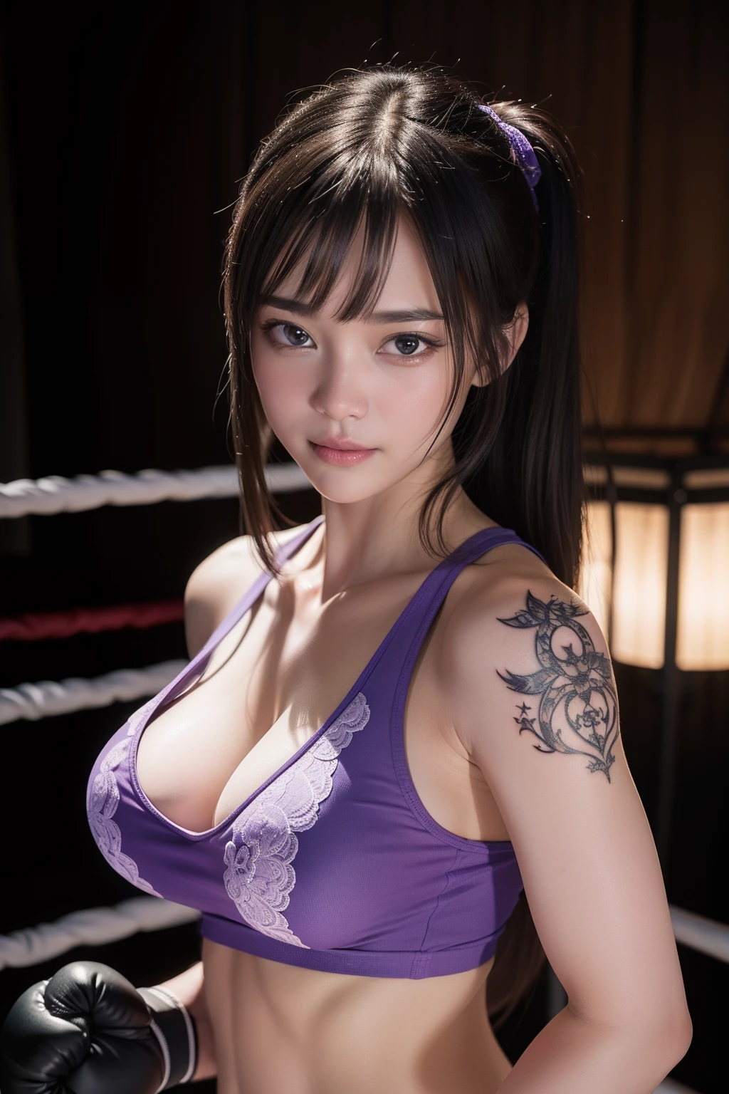 (masterpiece:1.3), (bestquality:1.2), (intricate detailed:1.2), (hyperrealistic:1.2), (Photograpy Professional:1.1), high-detail, illustration,.., scenary, detailed background, Background blur, Focus,Incredibly realistic and beautiful images of a girl wearing a purple tank top......................, Purple shorts,Normal breasts,Black and white tattoo with a star on the body.,Twin tail hairstyle black, ., Special star tattoo on women's shoulders., With the highest quality of detail and shading.................,,natural light,The backdrop is a boxing ring...................,Sandbags,Combat gloves, Sly smile., Make an uppercut punch....,Dynamic Poses,Boxing ring, firelight, Night view, (fantasy:1.2), looking at the audience, Dynamic angle shooting,