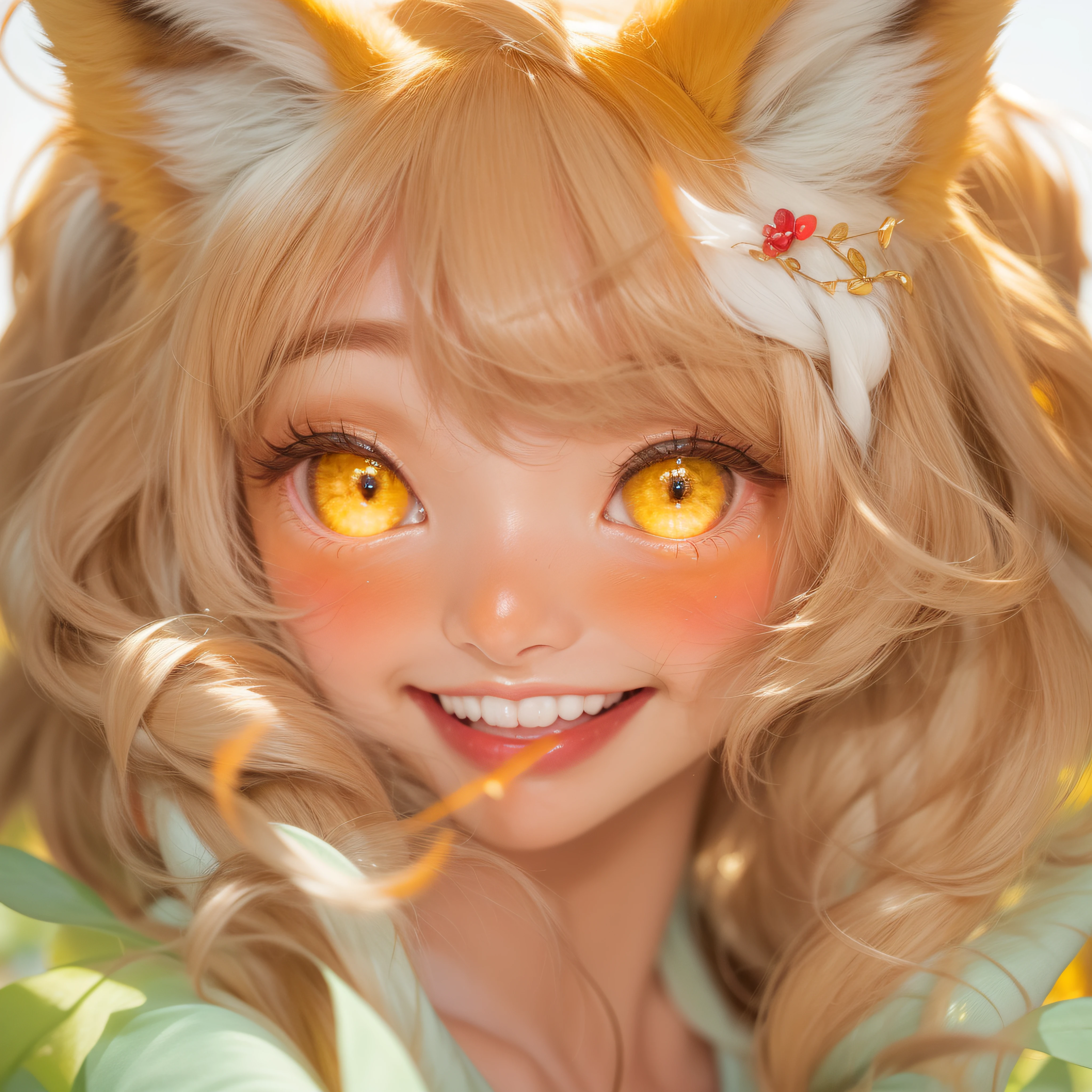 Close up of brown smile of fox with open mouth、(realisitic、hight resolution)、(1 girl in)、Do-Up Eye、Korean Girl、(Best Quality), (masutepiece), (1girl in), Solo, a beauty girl, Perfect face, Big Breast,dreamlikeart、Highly detailed airbrush art((Surreal))、Volumetric lighting、(top-quality)、The ultra-detailliert、(The composition of the movement:1.4)、Highly detailed colorful details、(Bright lighting)、dynamic compositions、Ray traching、The mirror reflects light、Shallow depth of field、ultra-detailliert、mixing  exposure、nffsw、Her eyes shine golden、Staring at the fox-colored sea。Her fox-colored face is、Full of adventure anticipation and courage.、A smile appears on fox-colored lips。 At the rear、The sun is slowly tilting to the west。Its light brings golden light to the surface of the sea、The swaying waves create a beautiful scene。Her eyes are clearly golden yellow。
