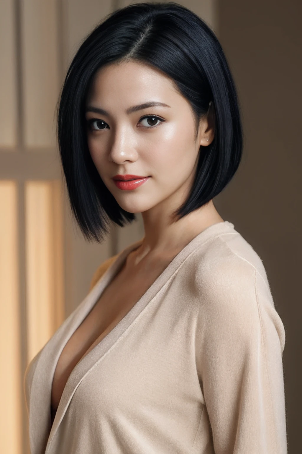 portlate, 8K, hightquality, Realistic photo images, 33yo, A Japanese Lady, Neat and clean wife, Natural and realistic eyes, Beautiful black hair, Shorthair, octan render, beautiful  lighting, Composition of the golden ratio, dressed casually, Upper body on blurred background, middlebreasts, Light makeup, greys, Beige, bloo, Casual attire, A slight smil