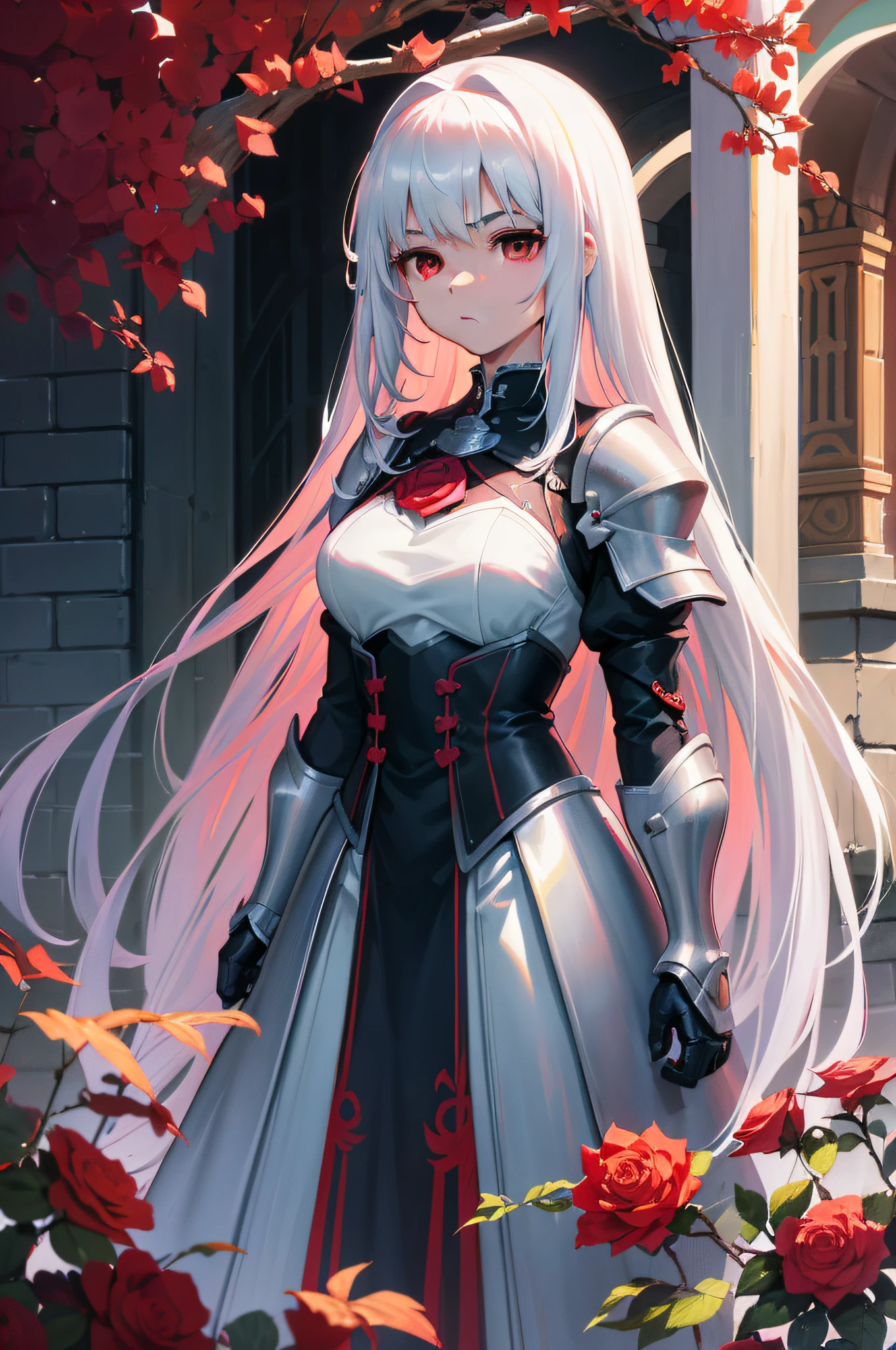 A girl,White hair and red eyes,long whitr hair,Original Character、fantasy concept art、Volumetriclighting、Best shadow、shallowdepthoffield、Portrait of a noble knight、Dignified、Sophisticated tactical heavy armor、Tassel waistband、Hand Guard、Pauline、High quality armor texture,sword sheath,Stand up,arms folded,Gaze towards the viewer,Dazzling sunlight,Rose garden,Rose thorn shrub,(HighestQuali,astonishing detail:1.25),(独奏:1.3),Brilliant and colorful paintings