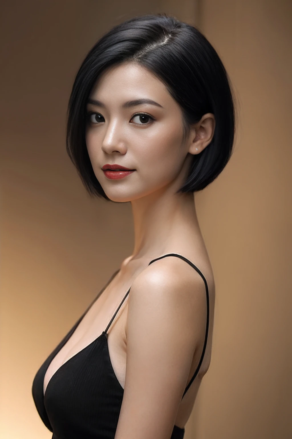 portlate, 8K, hightquality, Realistic photo images, 33yo, A Japanese Lady, Neat and clean wife, Natural and realistic eyes, Beautiful black hair, Shorthair, octan render, beautiful lighting, Composition of the golden ratio, dressed casually, Upper body on blurred background, middlebreasts, Light makeup, greys, Beige, bloo, Casual attire, A slight smil