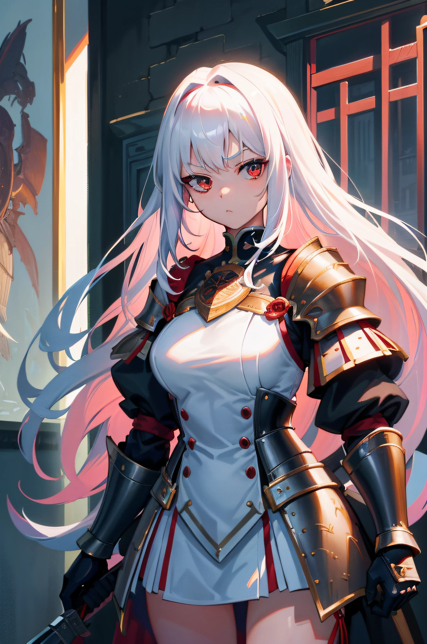 A girl,White hair and red eyes,long whitr hair,Original Character、fantasy concept art、Volumetriclighting、Best shadow、shallowdepthoffield、Portrait of a noble knight、Dignified、Sophisticated tactical heavy armor、Tassel waistband、Hand Guard、Pauline、High quality armor texture,sword sheath,Stand up,arms folded,Gaze towards the viewer,Dazzling sunlight,Rose garden,Rose thorn shrub,(HighestQuali,astonishing detail:1.25),(独奏:1.3),Brilliant and colorful paintings