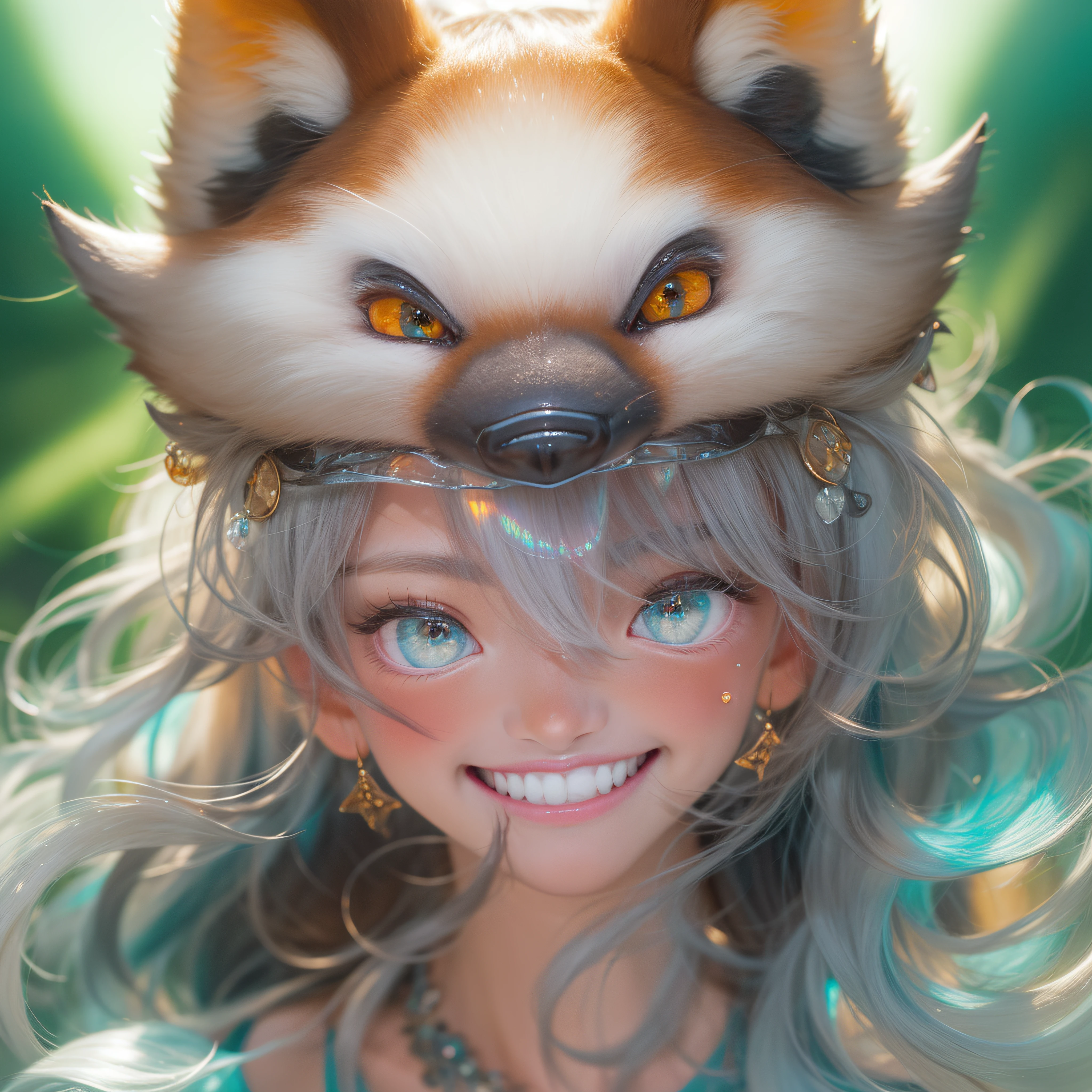 Wear a fox mask on your head、Wear a fox mask on your head、Close up of crimson smile with open mouth、Close up of crimson smile with open mouth、Wear a fox mask on your head、Wear a fox mask on your head、(realisitic、hight resolution)、(1 girl in)、Do-Up Eye、Korean Girl、(Best Quality), (masutepiece), (1girl in), Solo, a beauty girl, Perfect face, Big Breast,dreamlikeart、Highly detailed airbrush art((Surreal))、Volumetric lighting、(top-quality)、The ultra-detailliert、(The composition of the movement:1.4)、Highly detailed colorful details、(Bright lighting)、dynamic compositions、Ray traching、The mirror reflects light、Shallow depth of field、ultra-detailliert、mixing exposure、nffsw、Her eyes shine iridescent、Staring at the iridescent sea。Her iridescent face is、Full of adventure anticipation and courage.、A smile appears on her iridescent lips。 At the rear、The sun is slowly tilting to the west。Its light brings iridescent light to the surface of the sea、The swaying waves create a beautiful scene。Her eyes shine clearly iridescent。Lots of iridescent colors、