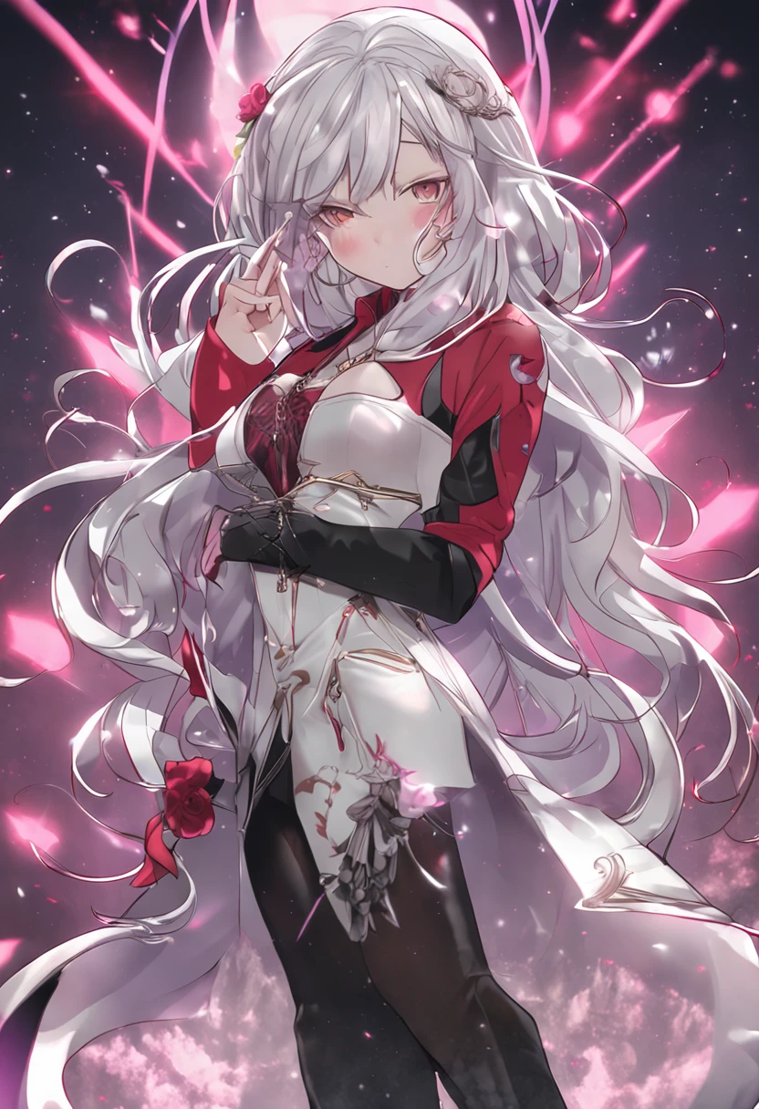 realisticlying,1girl,White hair,Purple eye,glowing light eyes,Cut the top,Highlight the breasts,Liquid skirt,Sultry pose,parted lip,Be red in the face,the night,fresh flowers,themoon,Full moon,