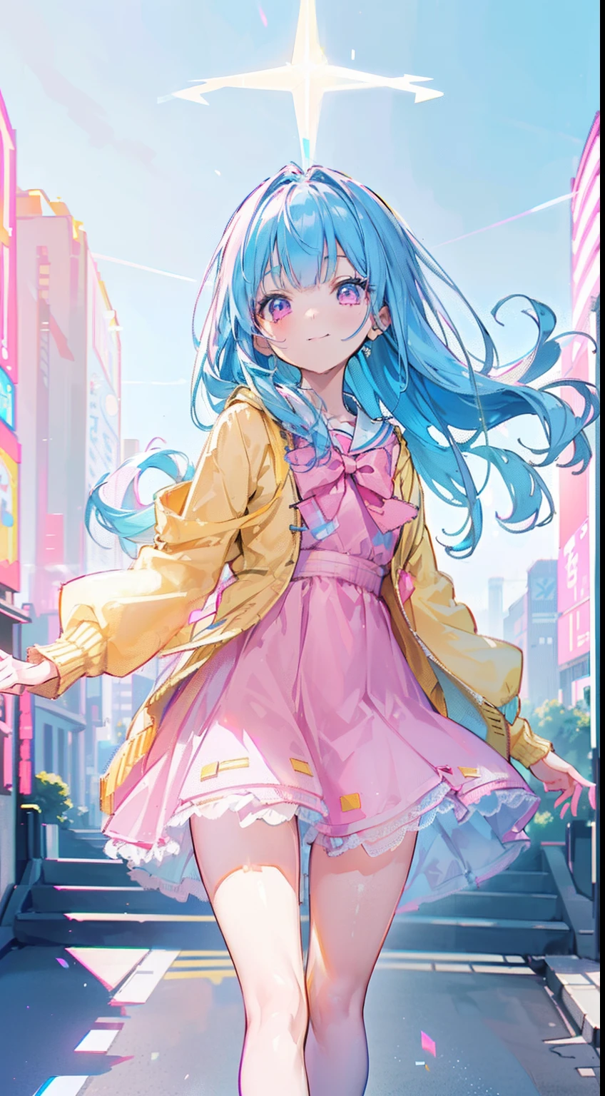 Masterpiece, ((perfect face, perfect hands)), (((pink thigh high))), (((yellow dress, sky Blue cardigan jacket))), solo girl, cowboy-shot, (from below), ((chromatic aberration)), soft light, glare reflections, foreshortening, from behind, (((beautiful day in the Tokyo city))), (((full body view, head to toe))), smile, (Long sky Blue hair, Pink eyes)