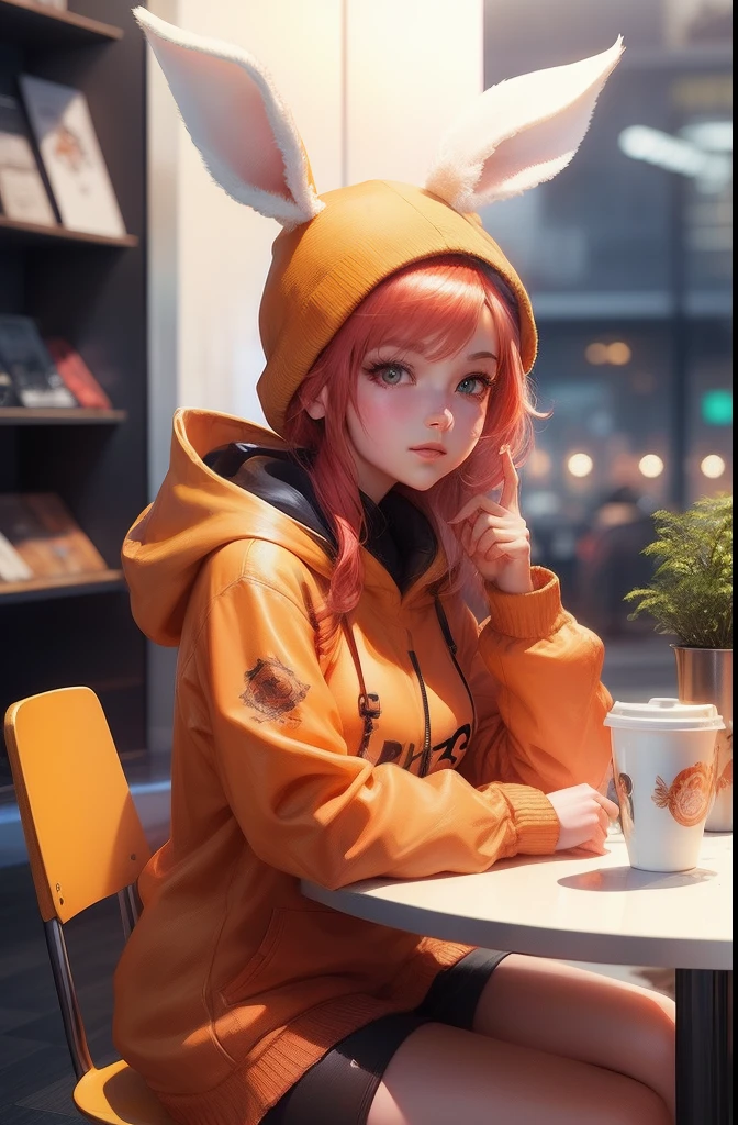 Beautiful girl with red straight hair and red eyes, long bunny ears, thumb up, Sitting in a coffee shop, during night, She wears an orange hoodie, Nostalgic and melancholic atmosphere, Cup on the table, Detailed digital anime art, Loish et WLOP, Cute anime art, Cute Anime Girls, Digital anime illustration, Inspired by WLOP, Art Station Top, hyper-detailed fantasy character, 3d anime style, high quality rendering