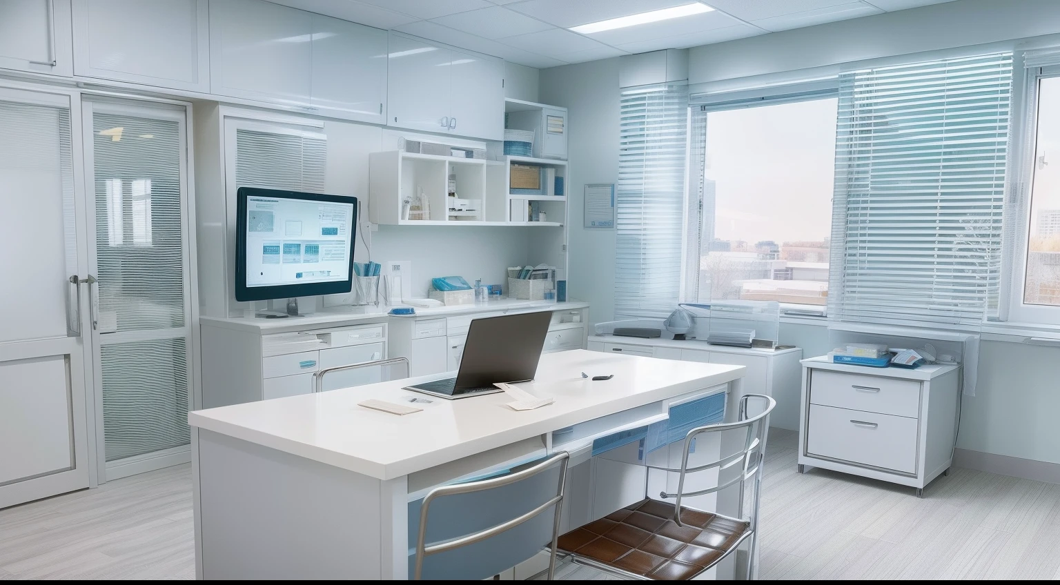 Intricate interior Hospital's Doctor's consulting room, doctor's white table, detail of pens file, stationery items and computer on the table large closed window at the right, Full room view,