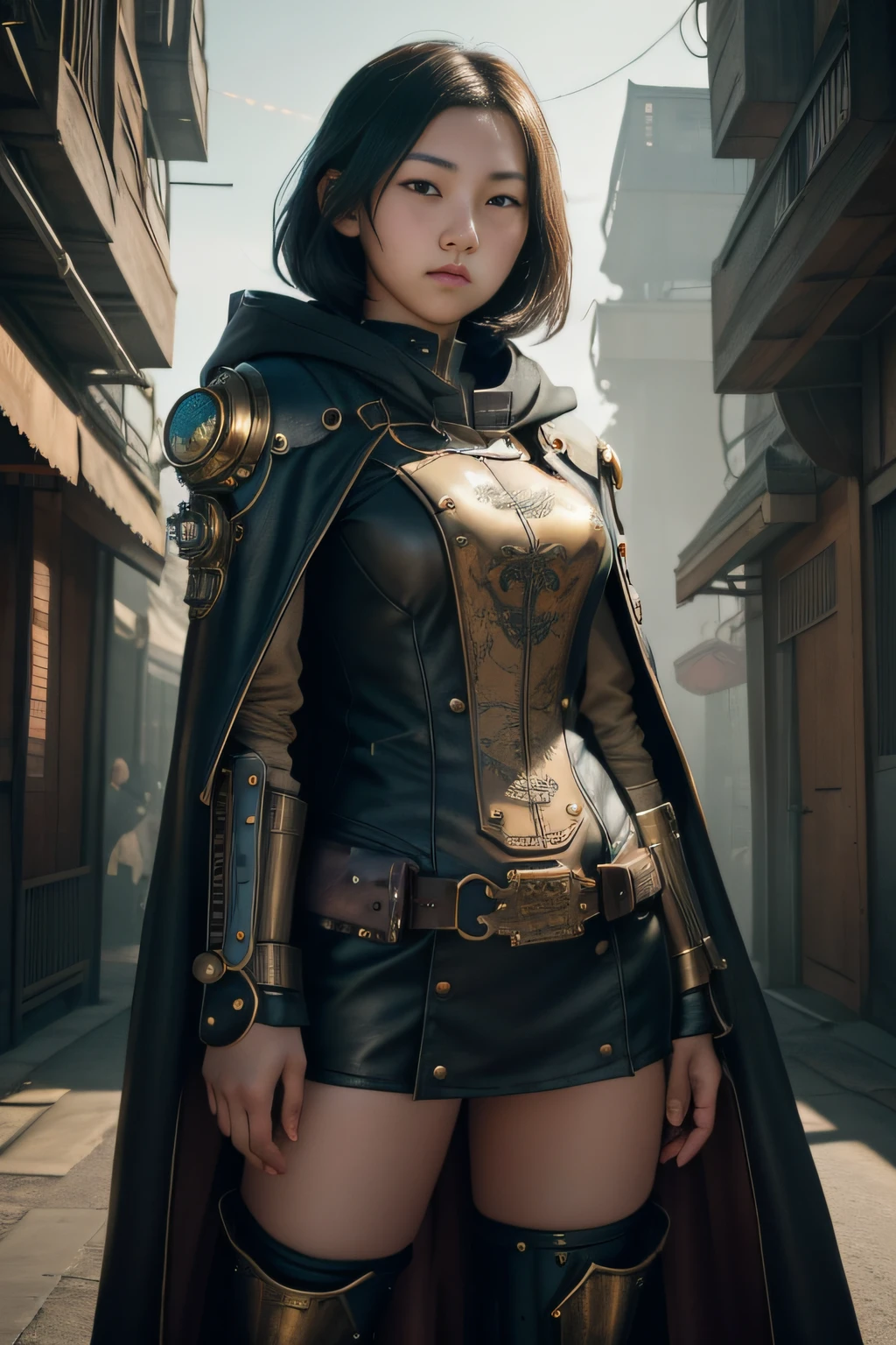 1 girl, young, 16 year old, Asian girl, full body from head to toe, realistic, realistic face, realistic eyes, worried, looks over her shoulder, side lighting, wallpaper, looks at viewer, futuristic steampunk buildings in background, long cape and hood, ground earth, outside, hold in left hand a steampunk sword, steampunk robots fight, dragon logo,