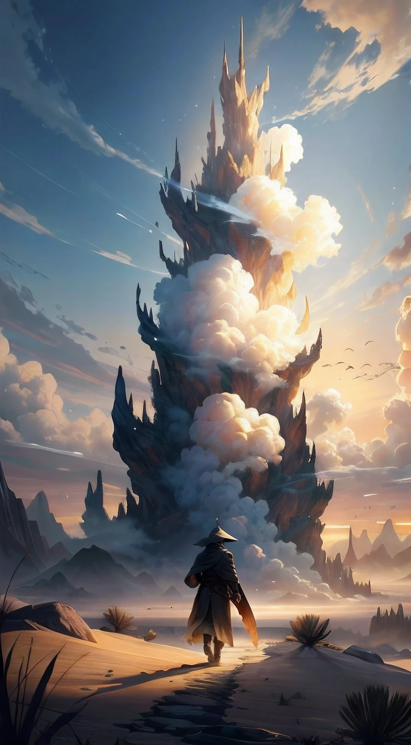 The ancient warrior in a trench coat walked firmly into the distance,He wears a cloak on his head,中景 the scene is,facing away from the audience,(Vast desert:1.2),(Rolling white clouds:1.2),(Lonely smoke drifted into the sky:1.2),The smoke is thick,Eagles fly,(The setting sun shines obliquely through the clouds),vivd colour(Light particle effect),(Masterpiece),(Extremely detailed picture description),(8k wallpaper),(Master painting),(Ink painting style),(Noticeable light and shadow effects),(Ray traching),(Obvious layers),(depth of fields),(best qualityer),「Journey to the West」Ray